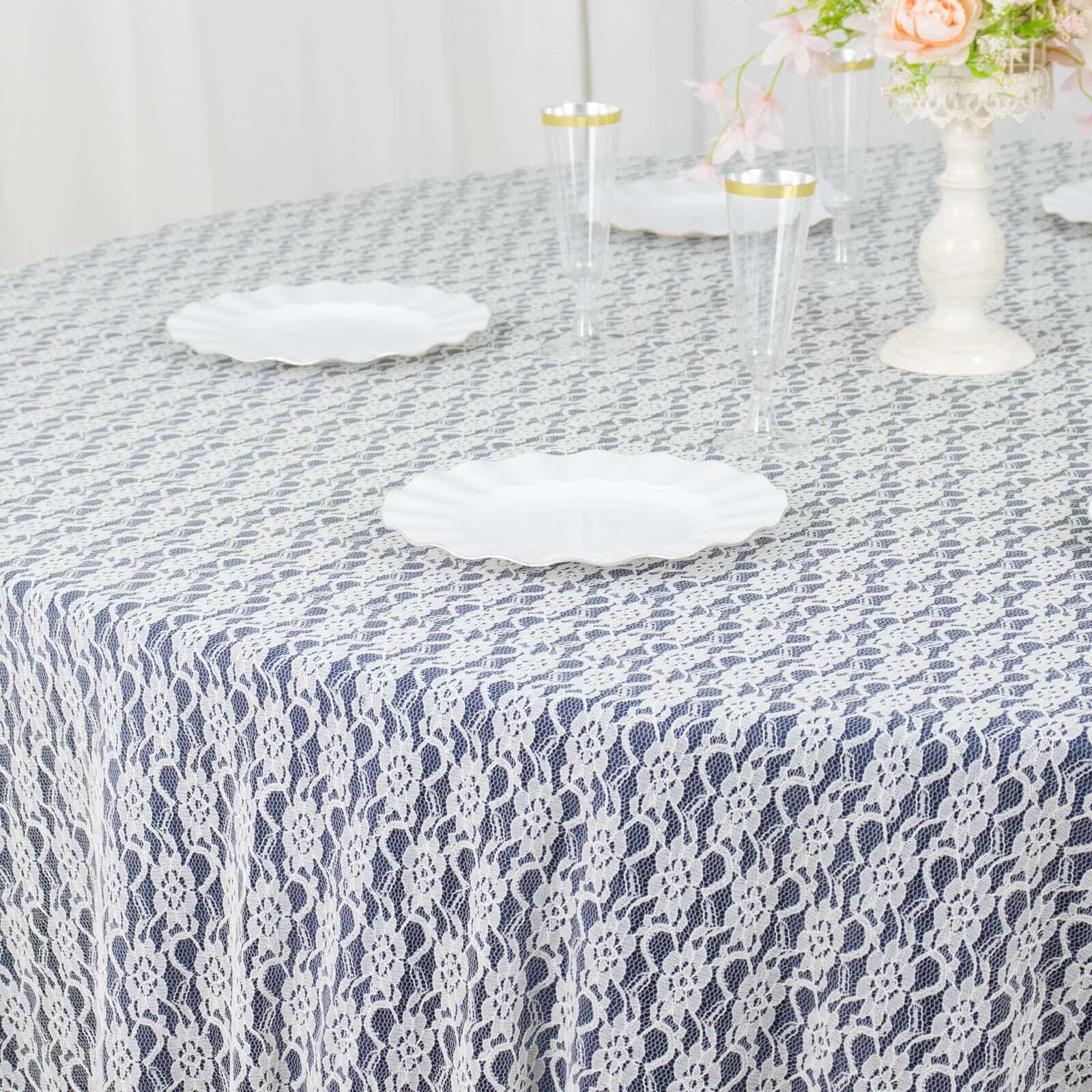 120" Ivory Round Seamless Polyester Floral Lace Tablecloth for 5 Foot Table With Floor-Length Drop