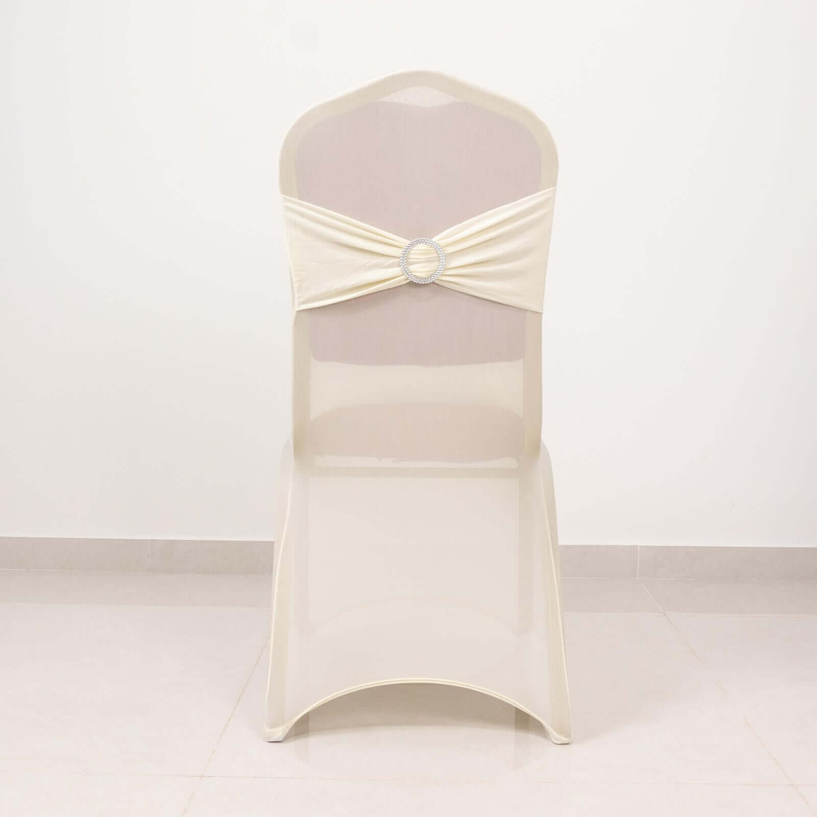 Spandex Chair Cover with Ivory Rhinestone Buckled Sash Band Blush - Stretch Fitted Slipcover
