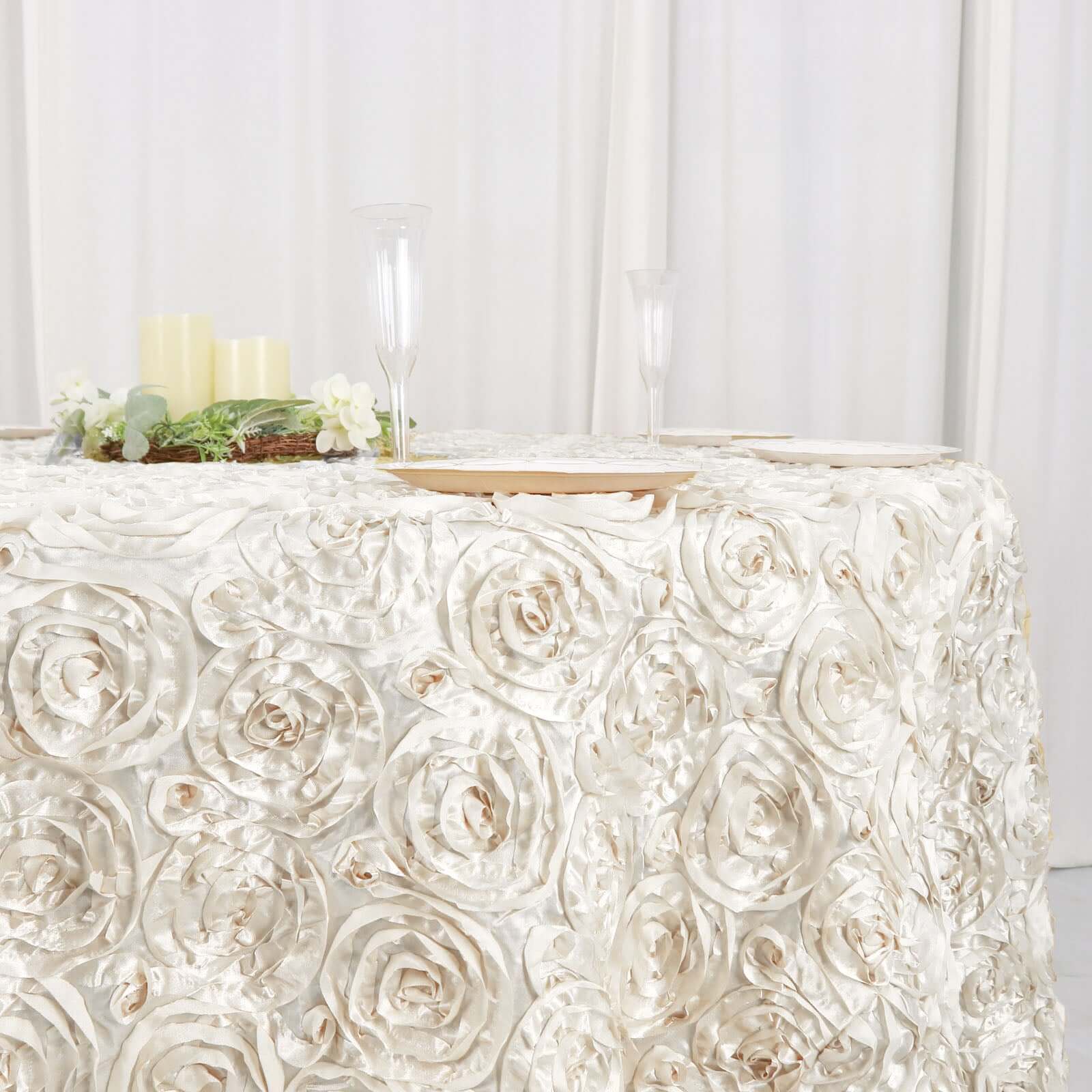 Satin 120" Round Tablecloth Ivory - Grandiose 3D Rosette with Seamless Finish Table Cover