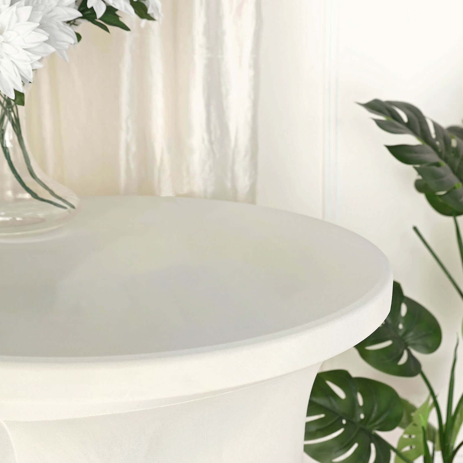 Spandex 32" Round Cocktail Table Cover Skirt Ivory With Natural Wavy Drapes