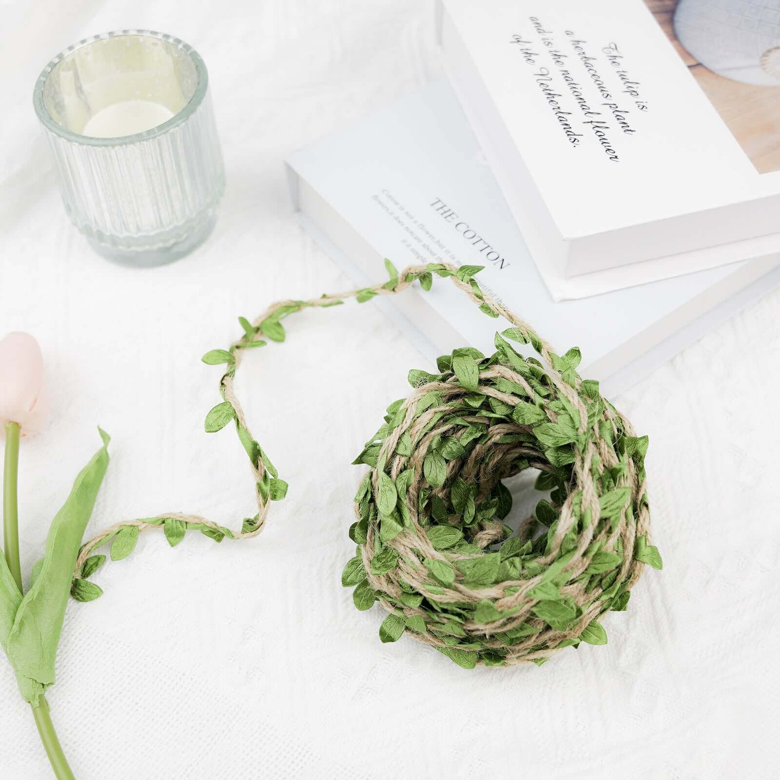 32FT Natural Jute Twine With Green Leaves, Burlap Leaf Ribbon For DIY Craft Party Wedding Home Decor