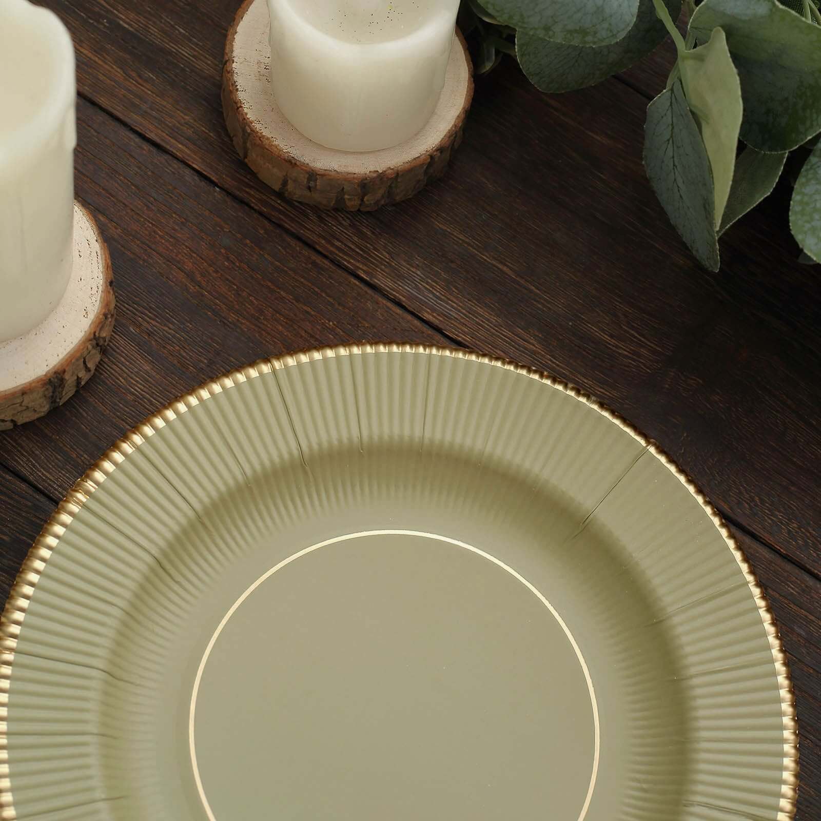 25-Pack Paper 8" Round Dessert Plates in Khaki Sunray Design with Gold Rim - Disposable Heavy Duty 350GSM Appetizer Salad Plates