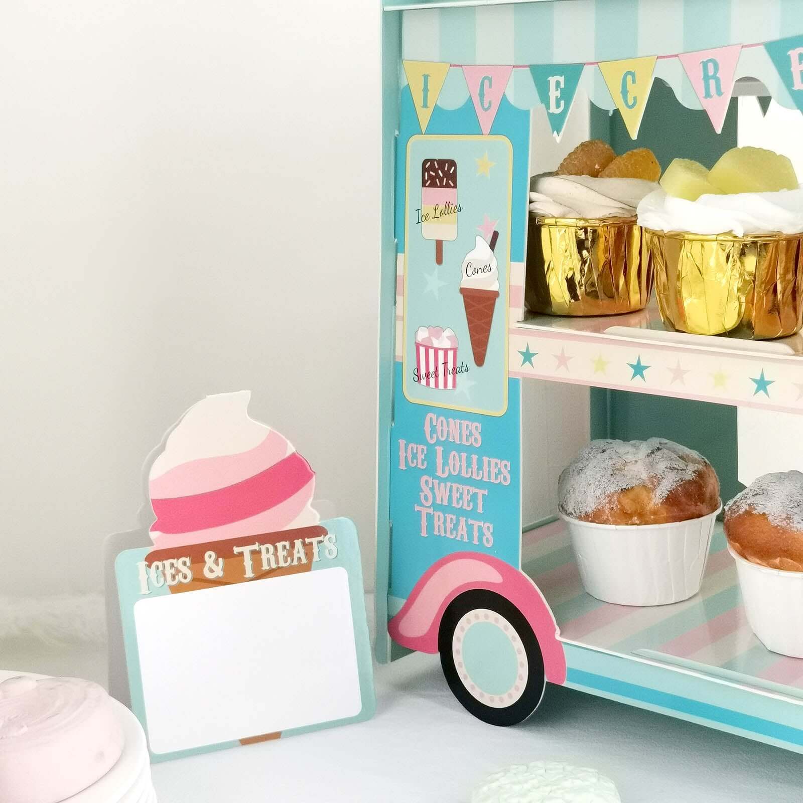 3-Tier Cardboard Cupcake Dessert Stand Tower with Ice Cream Truck Double Decker Design - Fun Disposable Treat Display for Kids' Parties & Snack Stations 16"