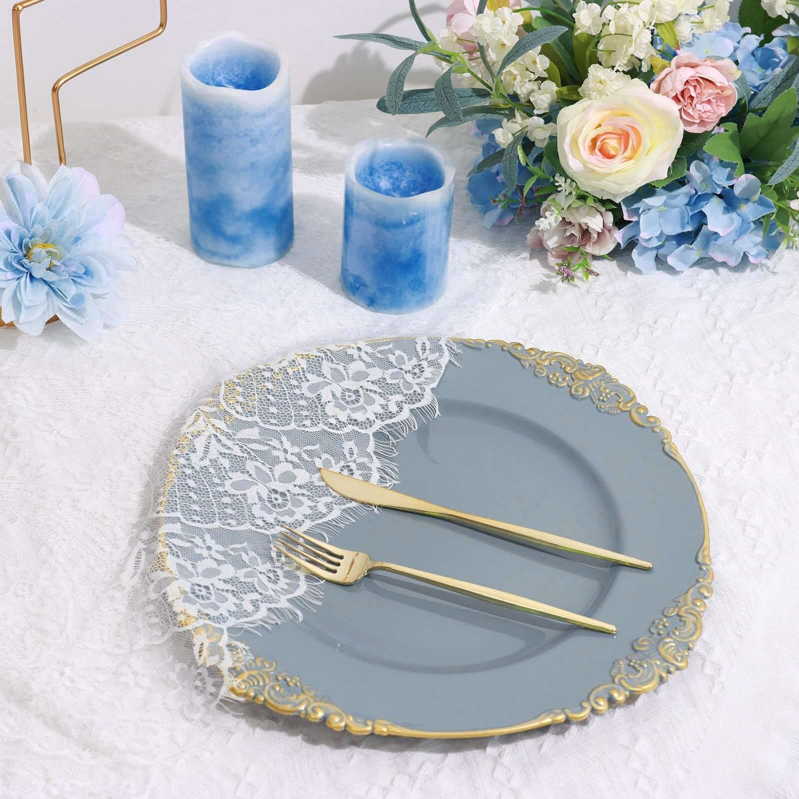 6-Pack Acrylic Round Charger Plates 13" in Dusty Blue with Gold Embossed Baroque Rim, Antique Decorative Dinner Party Charger Tableware