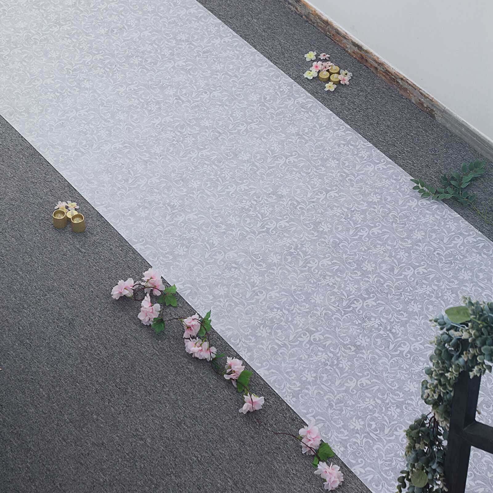 36"x100ft White Floral Lace Aisle Runner