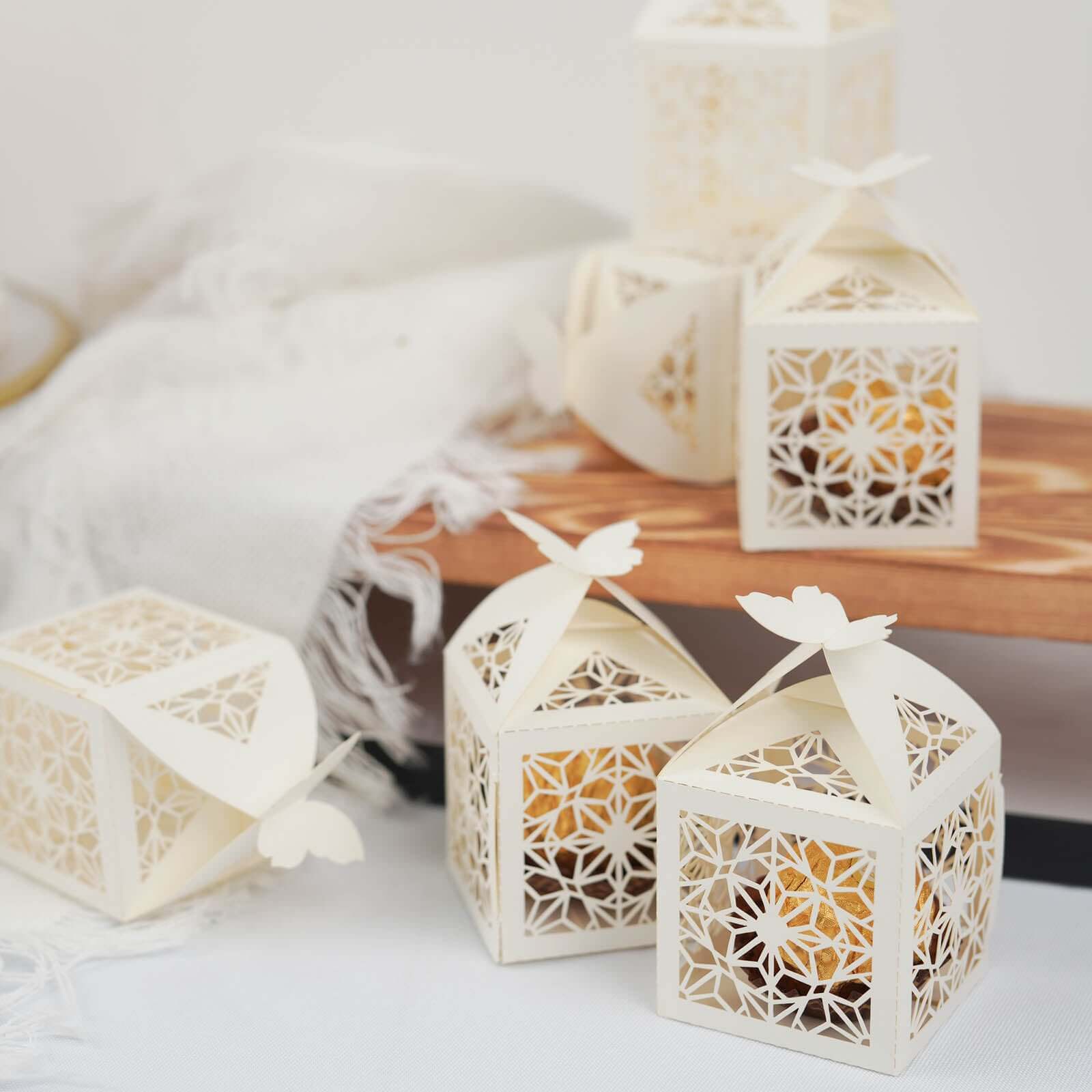 25 Pack Ivory Butterfly Top Laser Cut Lace Favor Candy Gift Boxes