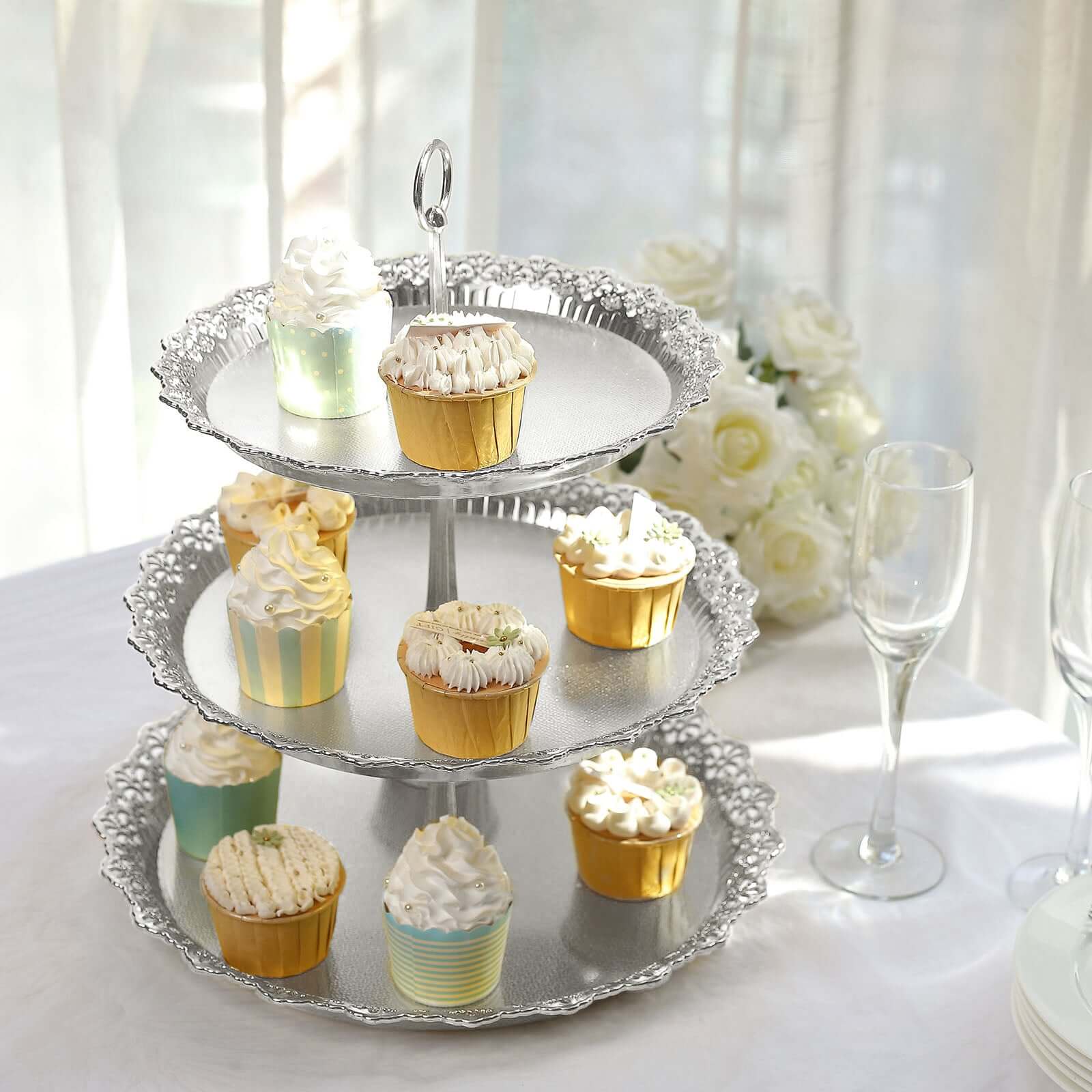 3-Tier Plastic Round Cupcake Stand 15" Metallic Silver with Lace Scalloped Edges - Multifunctional Space Saving Dessert Display Tower Pastry Serving Tray for Classy Events