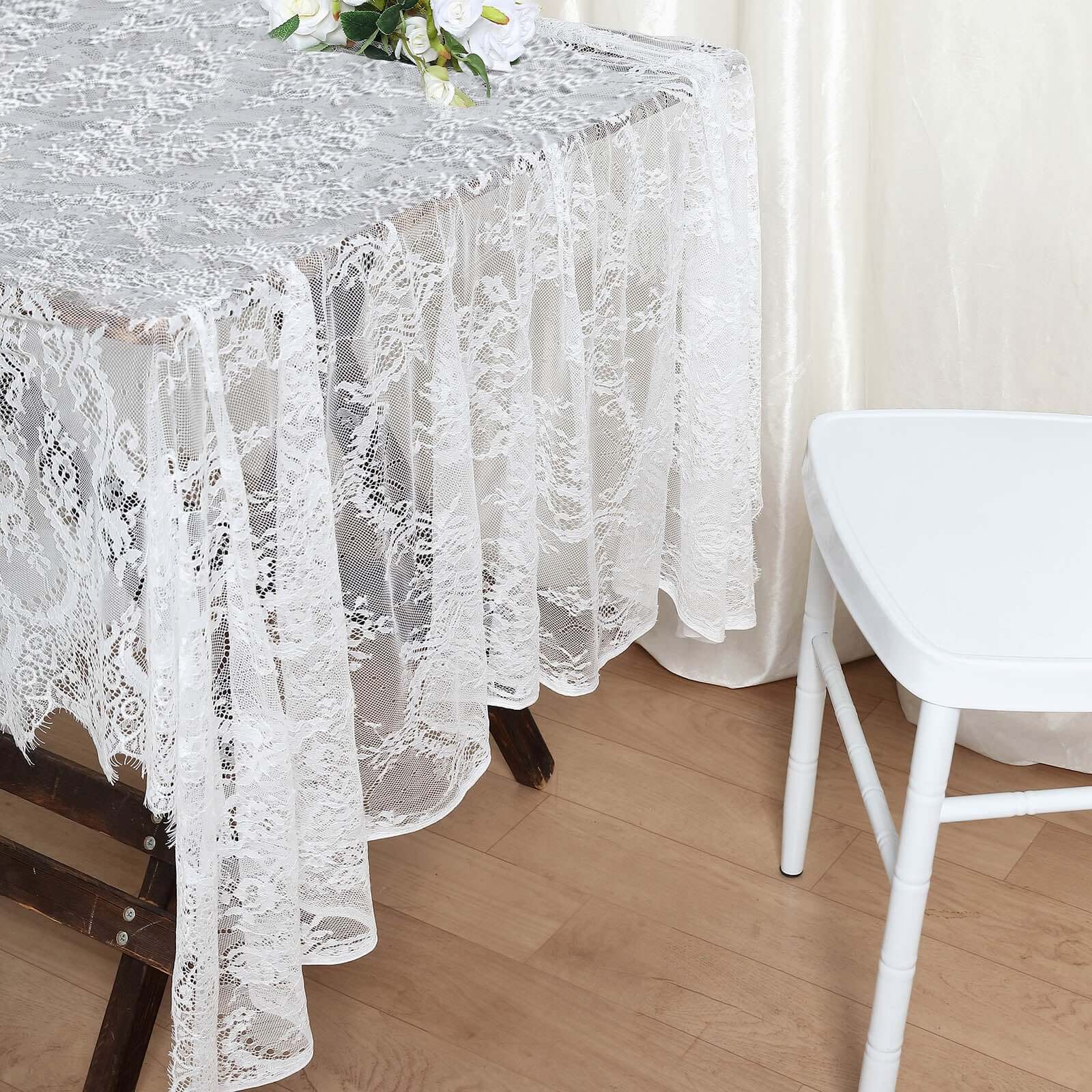 Lace 60"x120" Rectangle Tablecloth White - Vintage Lace Design with Scalloped Frill Edges for Refined Occasions