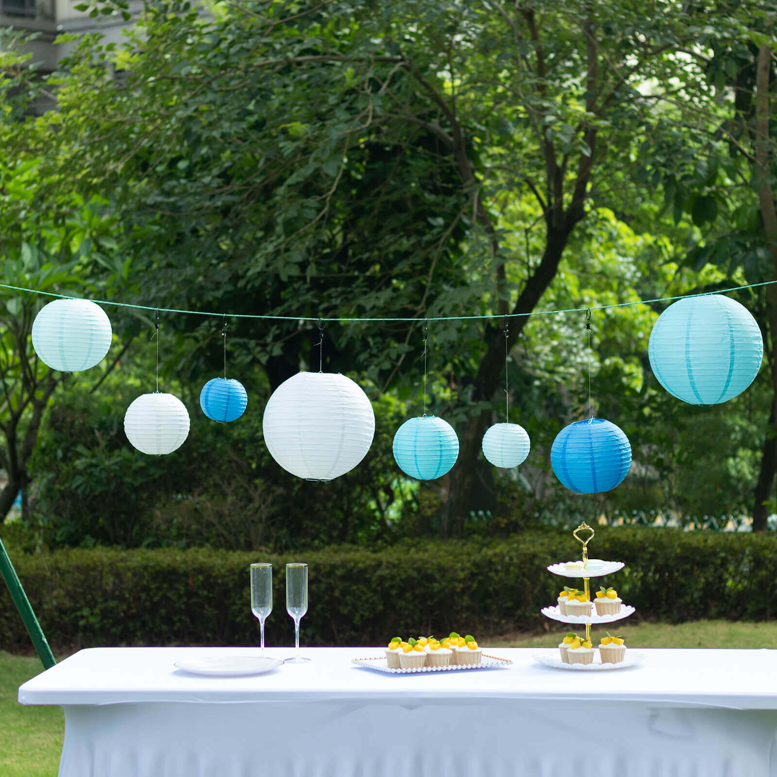 Set of 8 Mixed Blue White Hanging Paper Lanterns, Decorative Round Chinese Sky Lanterns, Assorted Sizes - 6",8",10",14"