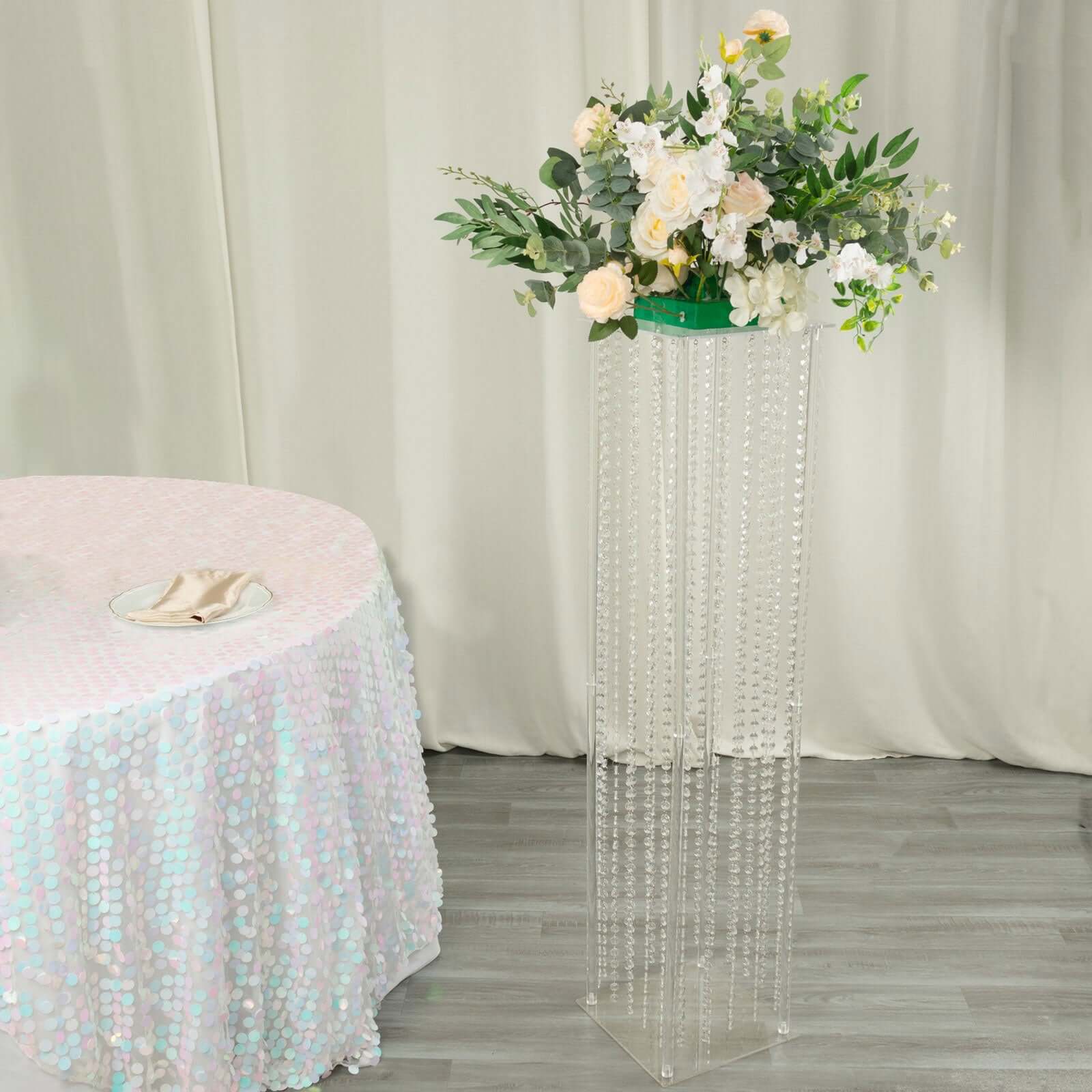 Acrylic Flower Pedestal Vase Pillar Stand with Crystal Beads Clear - Durable Wedding Floor Centerpiece for Large Displays 48"