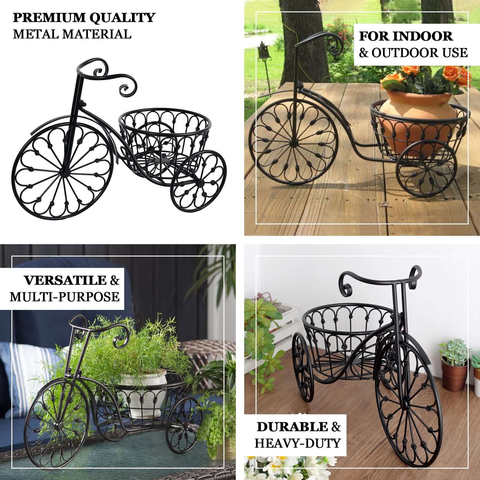 Tricycle Planter Basket Black Decorative Design - Metal Indoor/Outdoor Plant Stand 22"