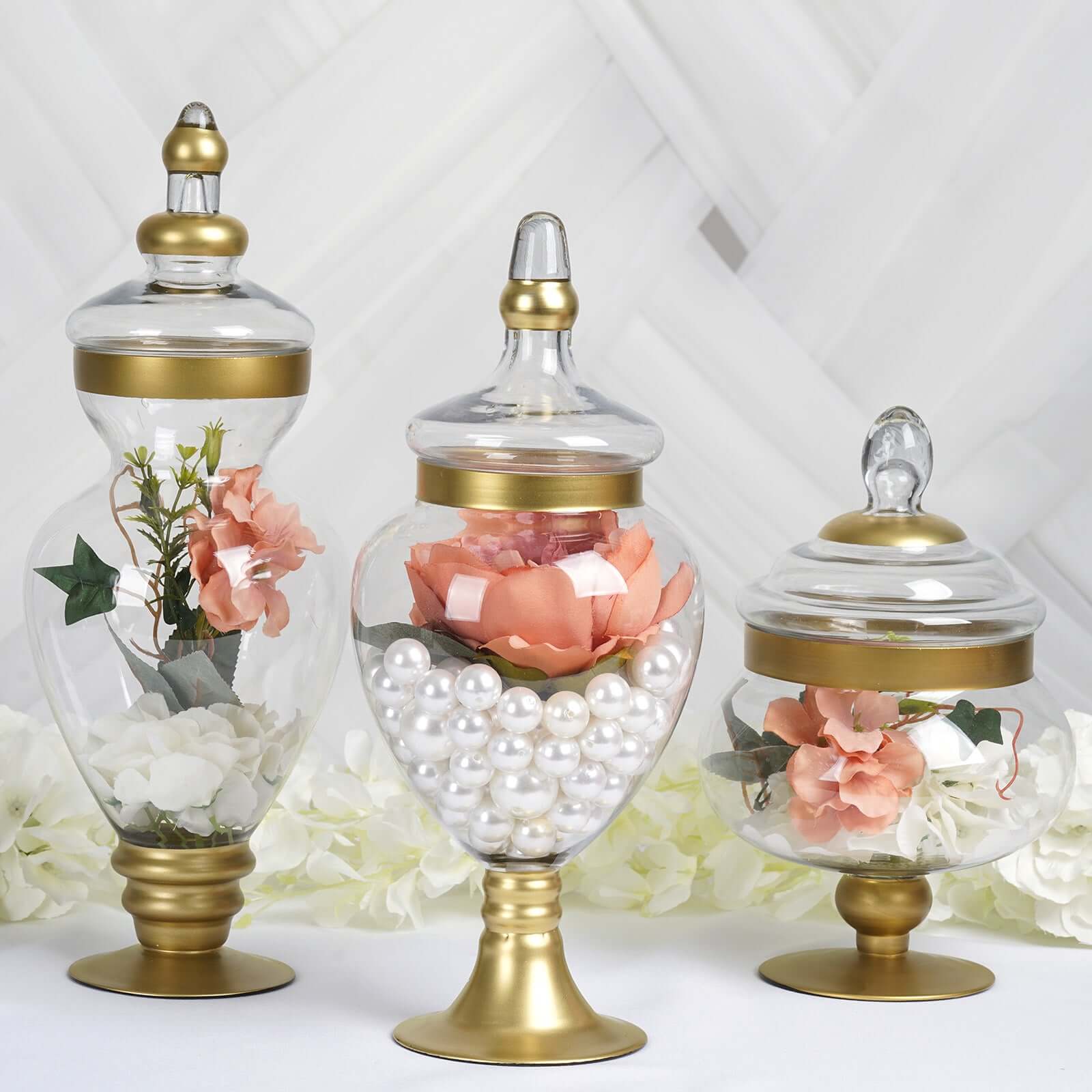 Set of 3 Glass Candy Jars Apothecary Design Gold Trim with Snap-On Lids - Large Stylish Containers for Parties 10"/14"/16"