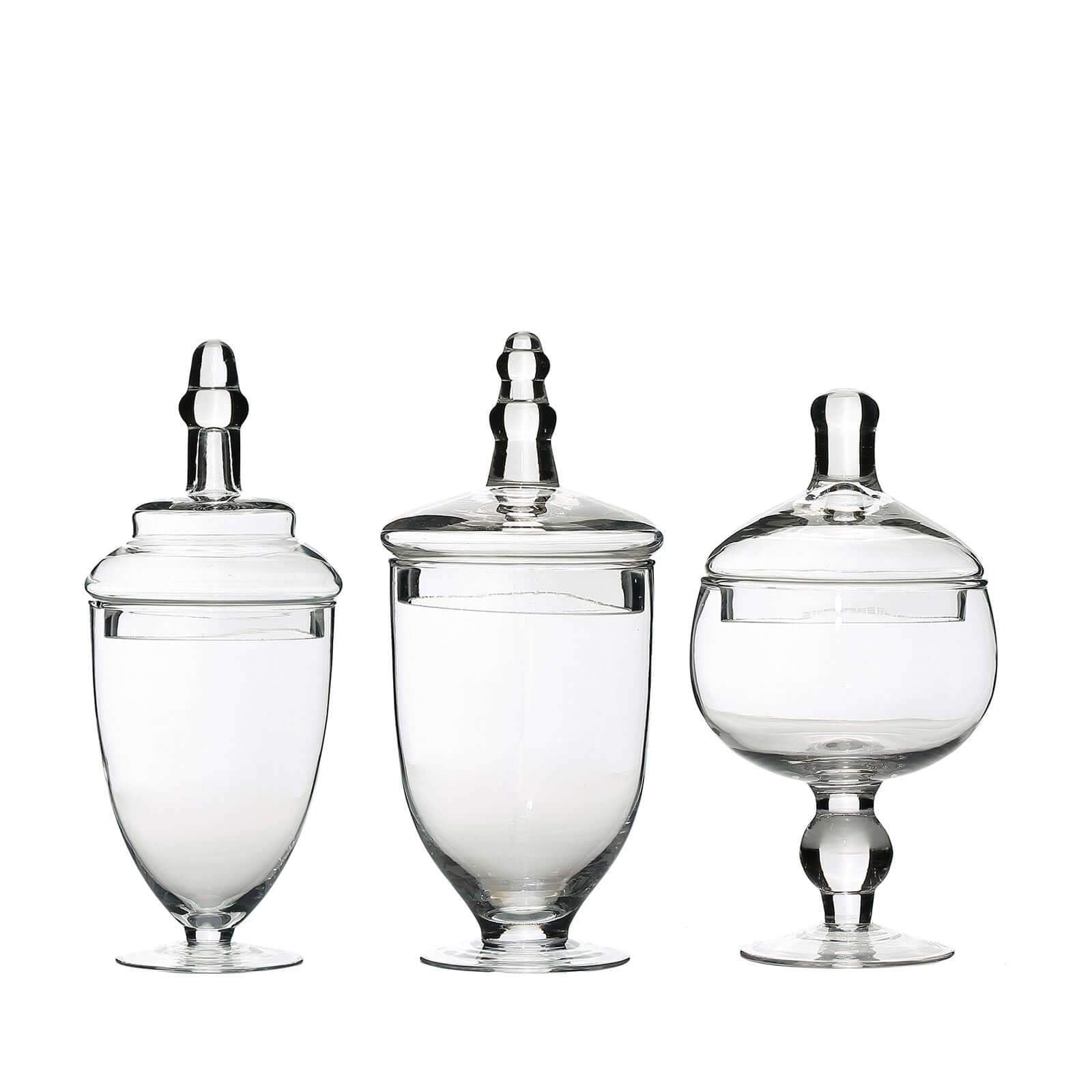 Set of 3 Glass Jars Apothecary Design Clear and Snap-On Lids - Stylish Decorative Candy Buffet Storage 8.5", 9", 10"