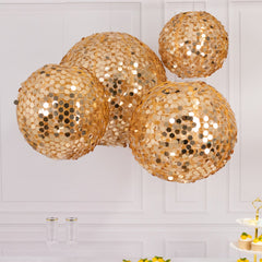 Set of 4 Glitter Gold Payette Sequin Hanging Lanterns, Large Decorative Round Foldable Fabric Chinese Lantern Lampshades - 12",14",16",20"