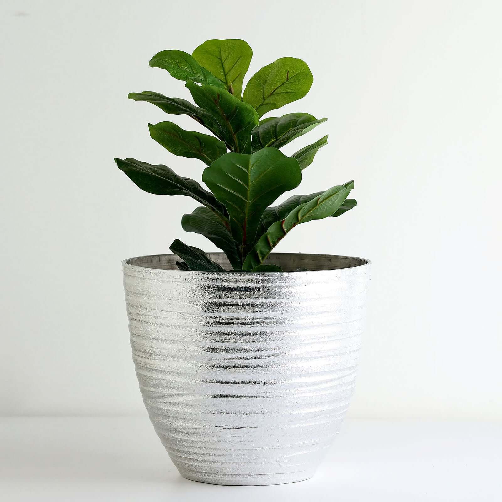 12" Metallic Silver Textured Finish Large Indoor Flower Plant Pot, Decorative Indoor Outdoor Planter