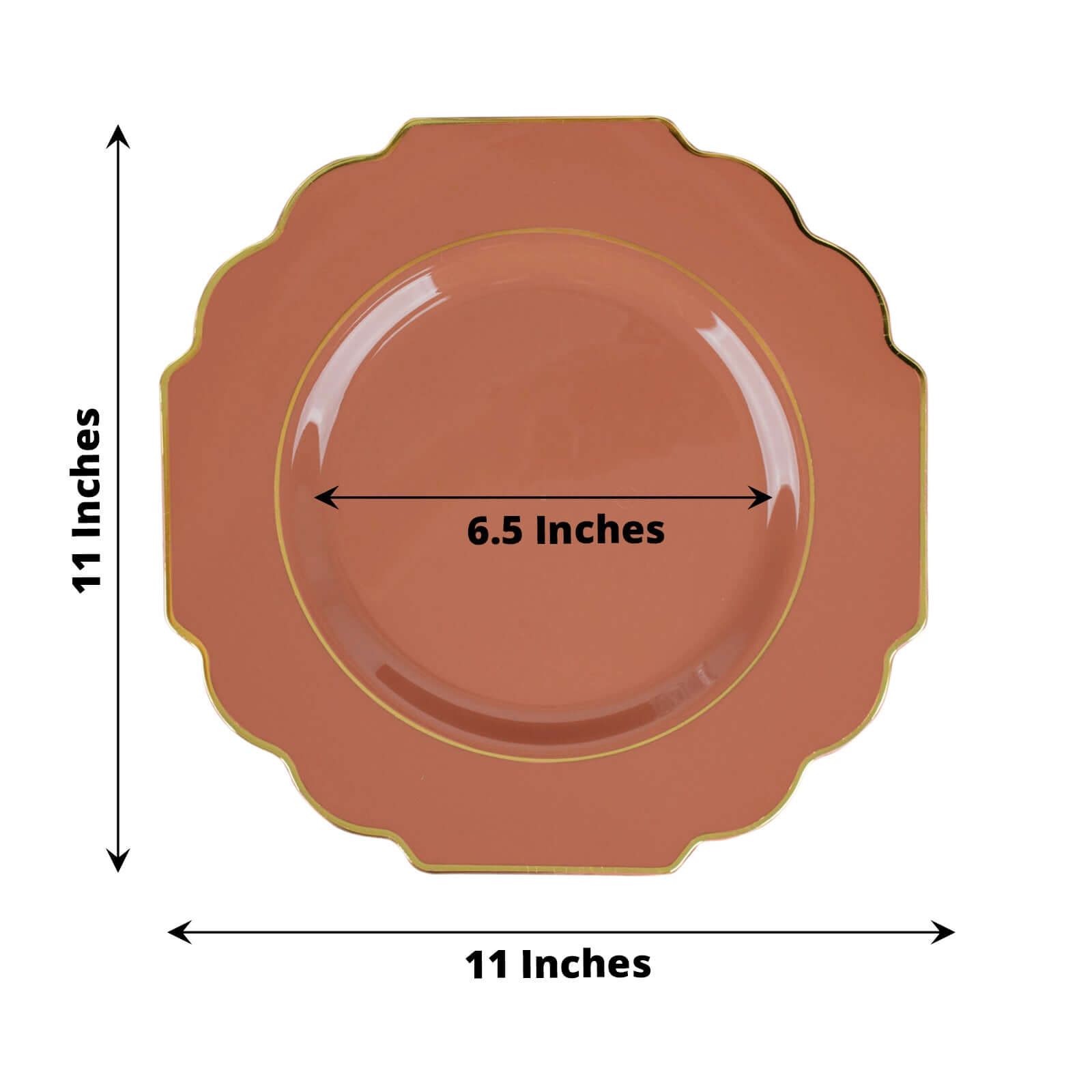 10-Pack Plastic Dinner Plates in Terracotta (Rust) Baroque Design with Scalloped Gold Rim - Heavy Duty Disposable Party Plates 11"