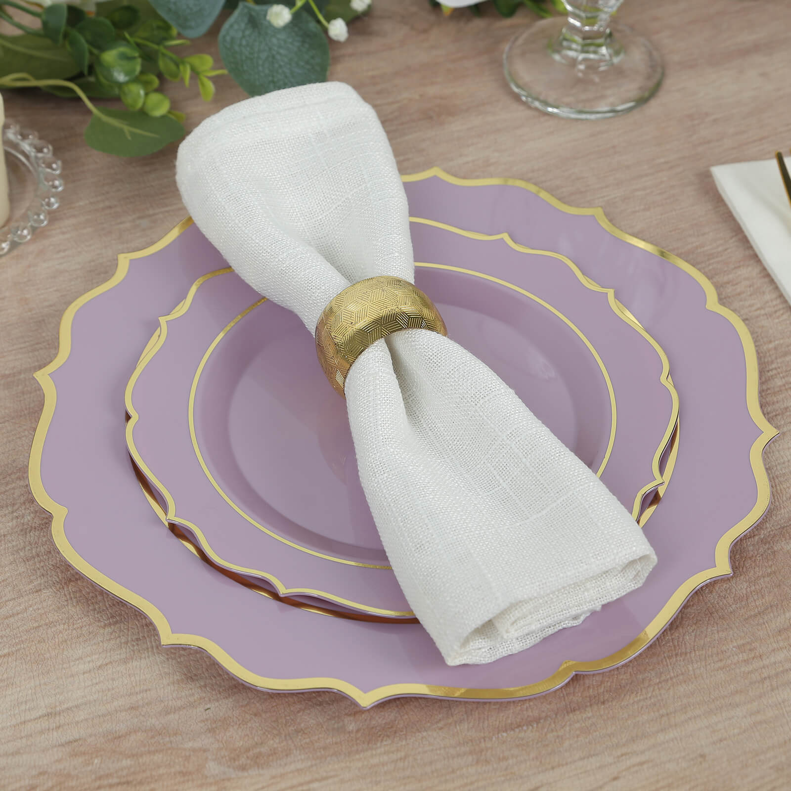 10-Pack Plastic 8" Round Desert Plates in Lavender Lilac with Gold Scalloped Rim - Disposable Appetizer/Salad Plates