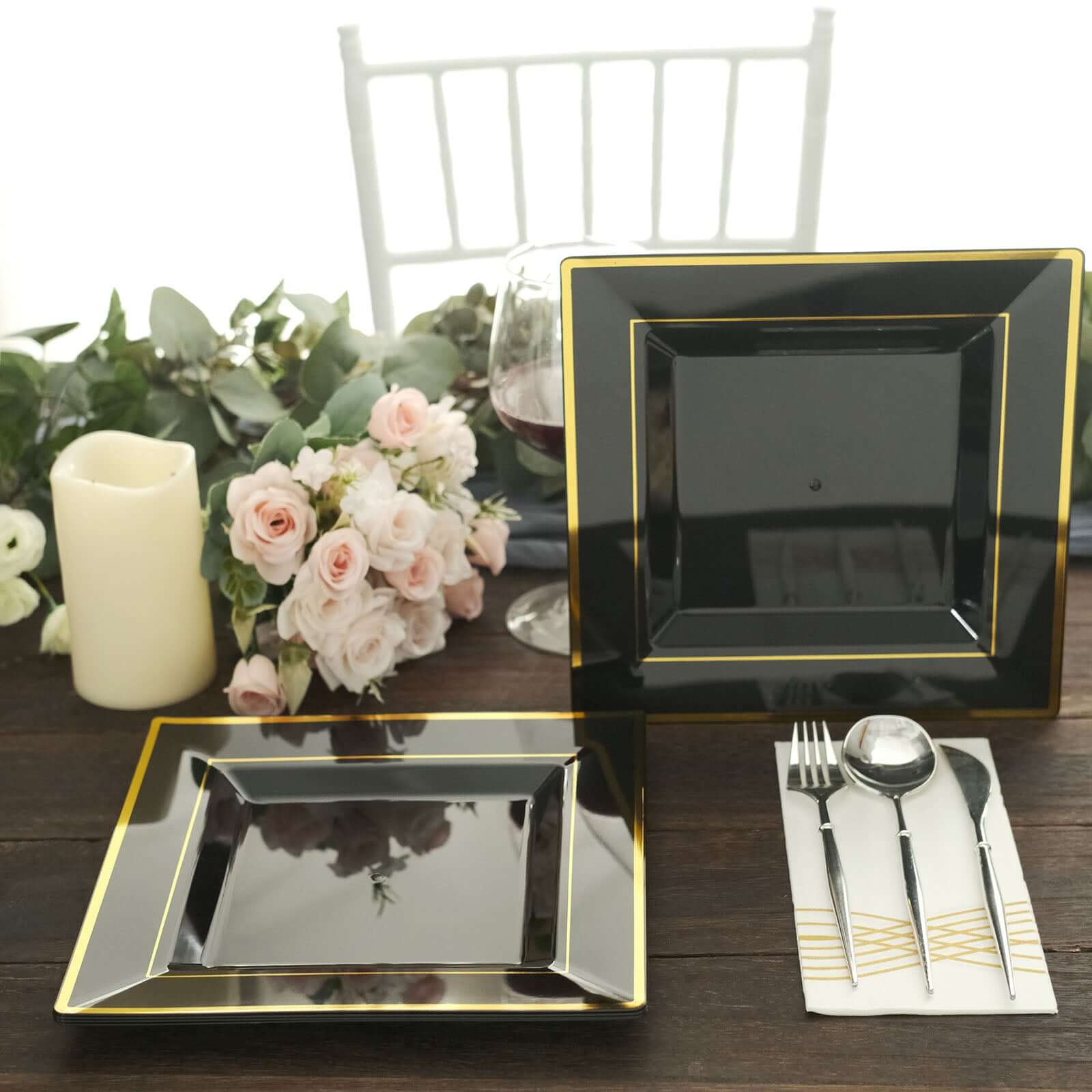 10-Pack Plastic Dinner Plates Black Square with Gold Trim - Lightweight Disposable Plates for Events 10"