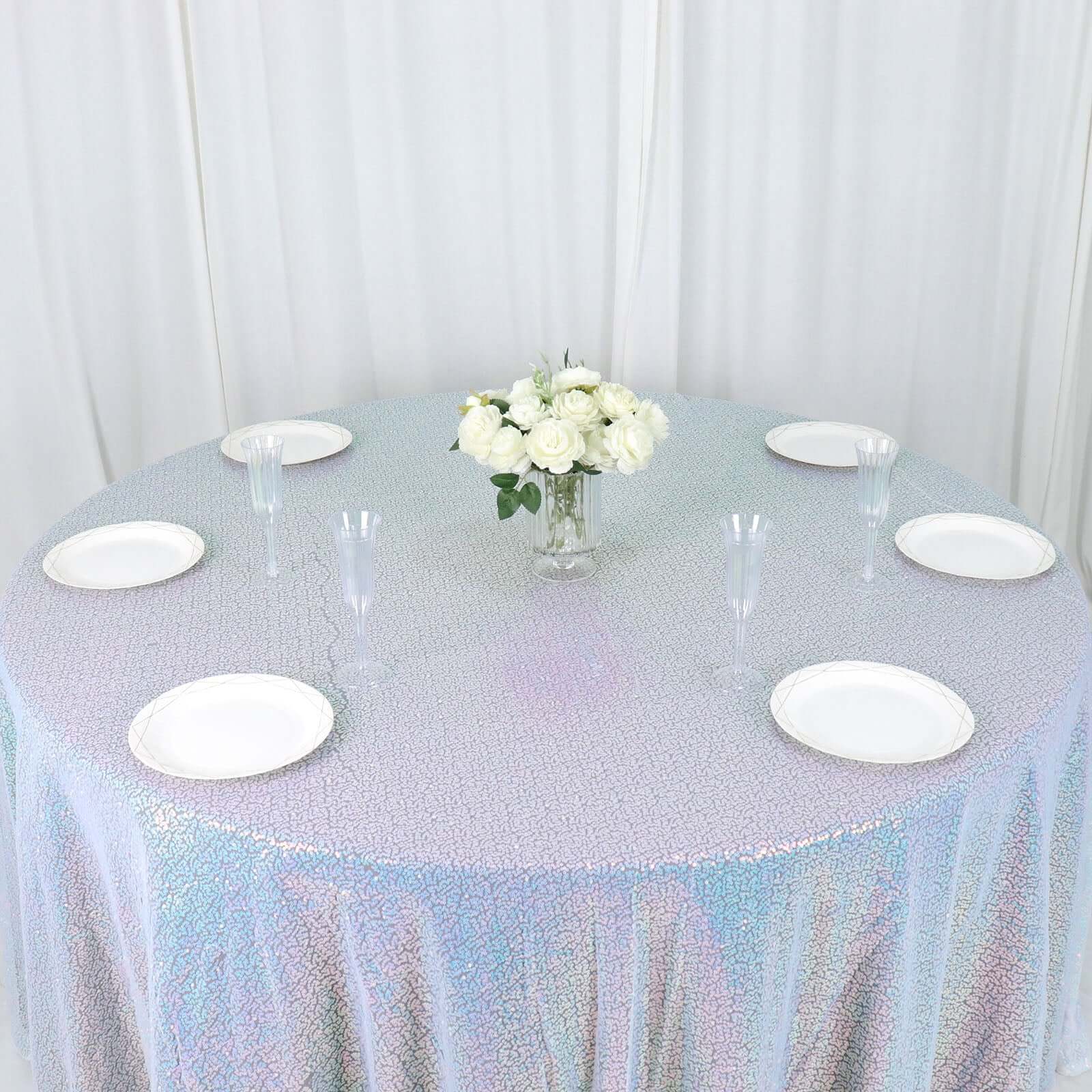 Sequin 132" Round Tablecloth Iridescent Blue - Seamless Dazzling Table Cover