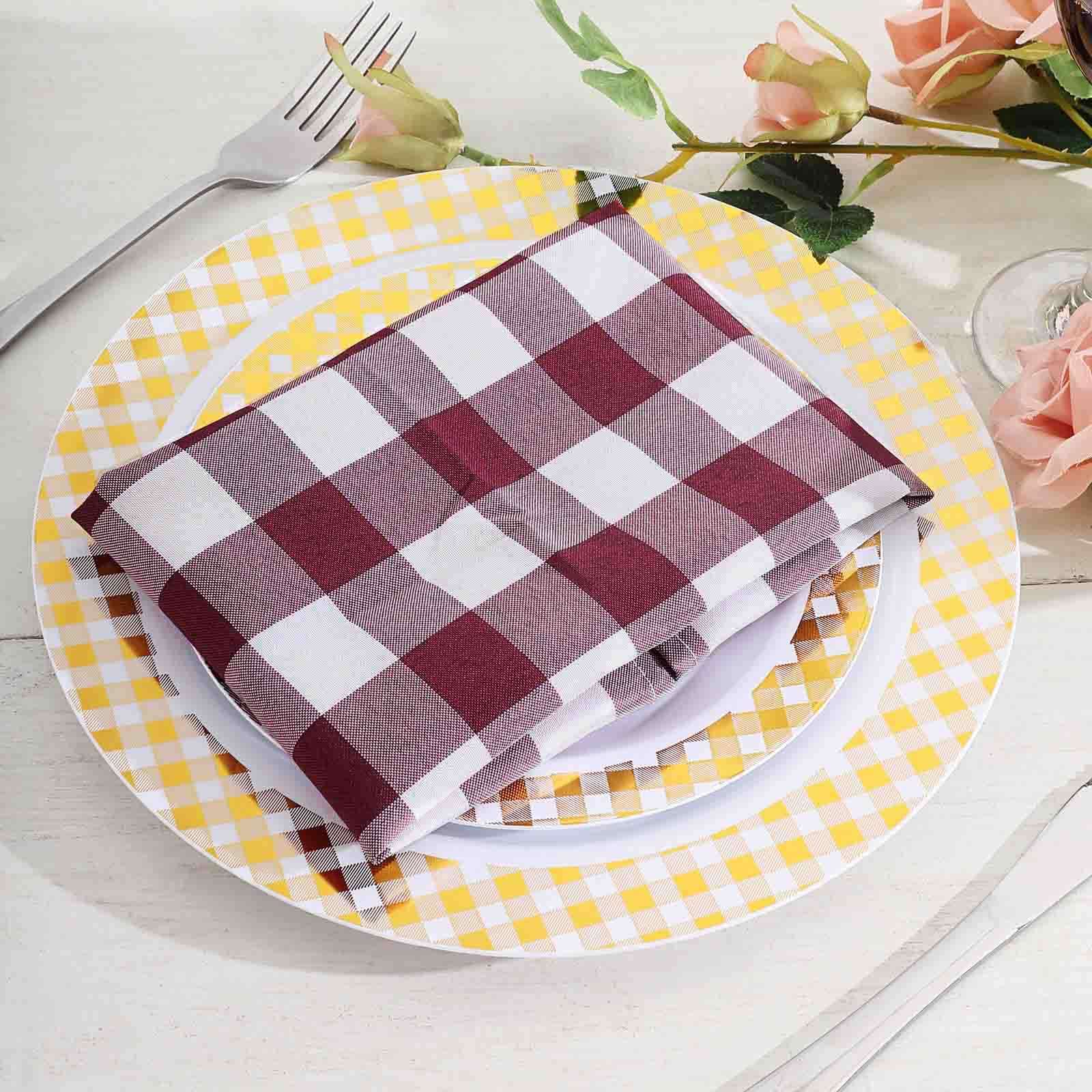 5 Pack Polyester 15"x15" Napkins Burgundy/White Buffalo Plaid Gingham Style Cloth Napkins