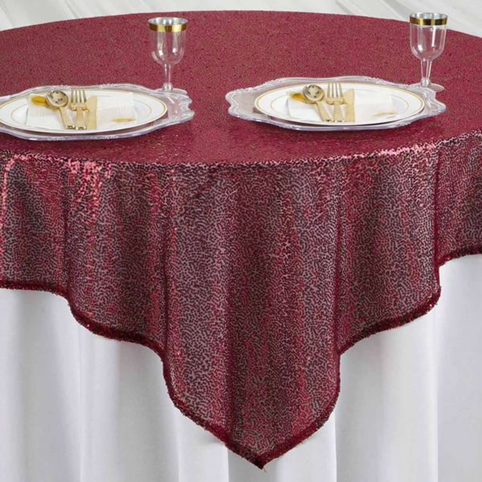 Sequin 60"x60" Table Overlay Square Tablecloth Burgundy - Luxe Wedding Table Topper