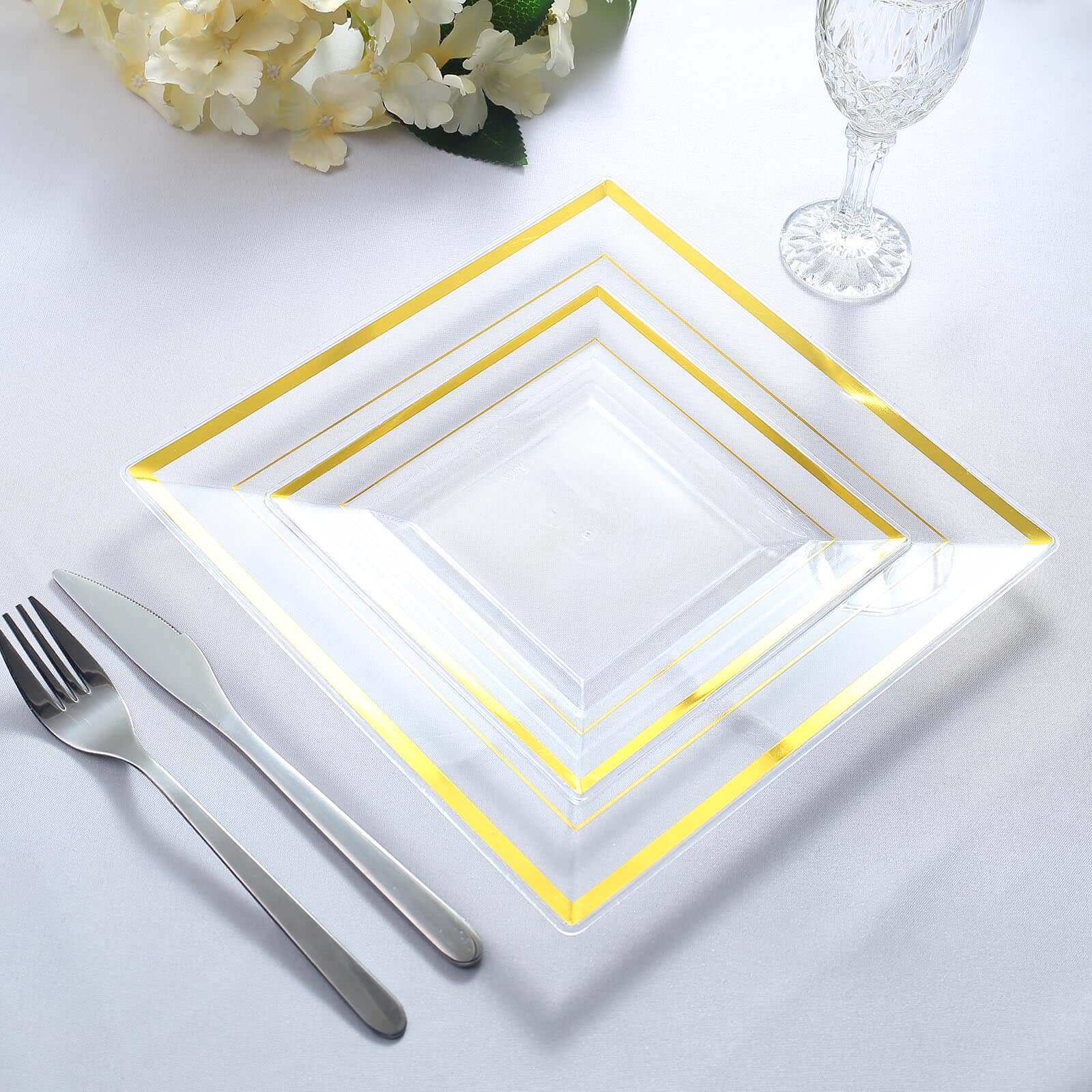 10-Pack Plastic Salad Dessert Plates Clear Square with Gold Trim - Durable Disposable Appetizer Plates 7"