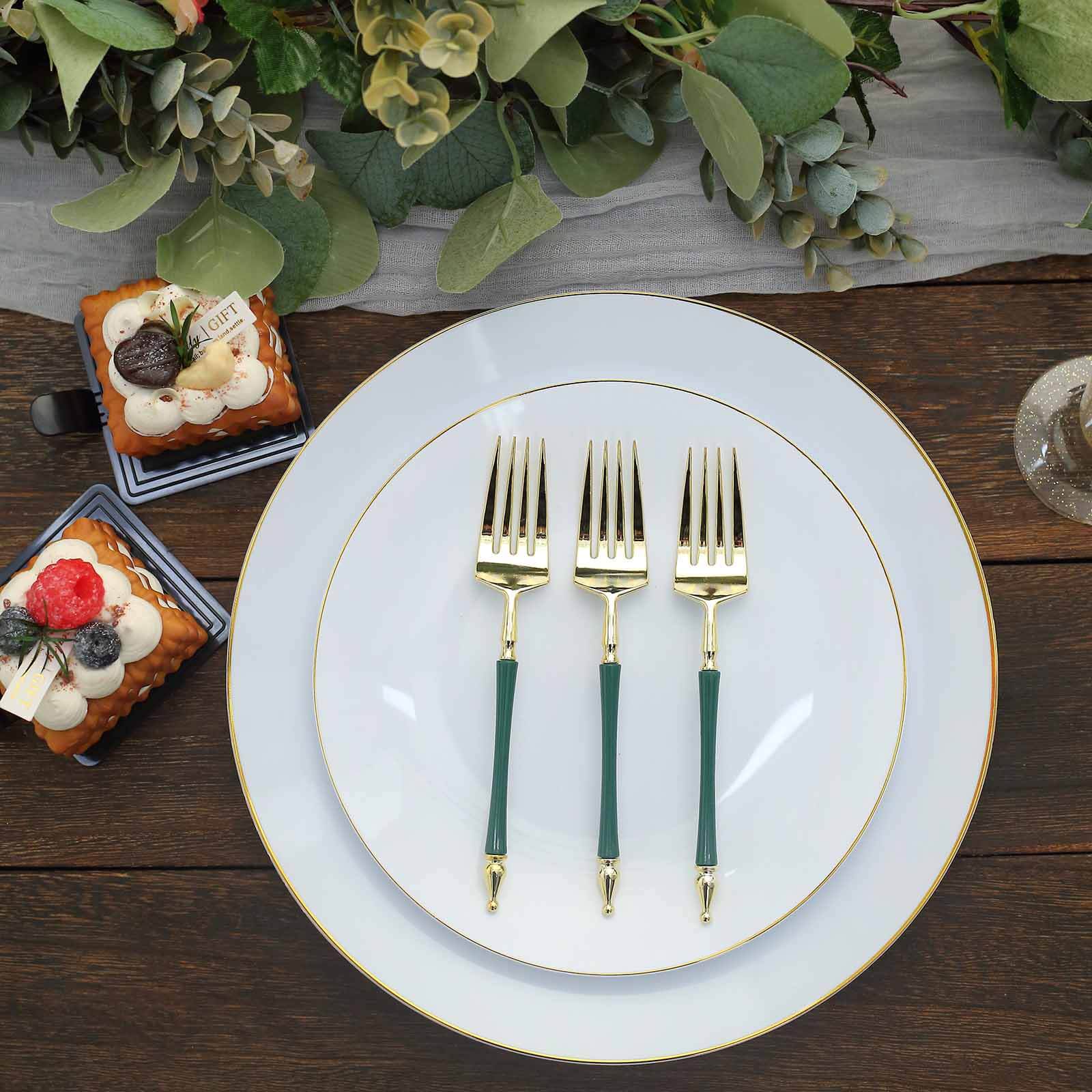 24 Pack 6" Gold Hunter Emerald Green Plastic Dessert Forks With Roman Column Handle, European Style Disposable Utensils