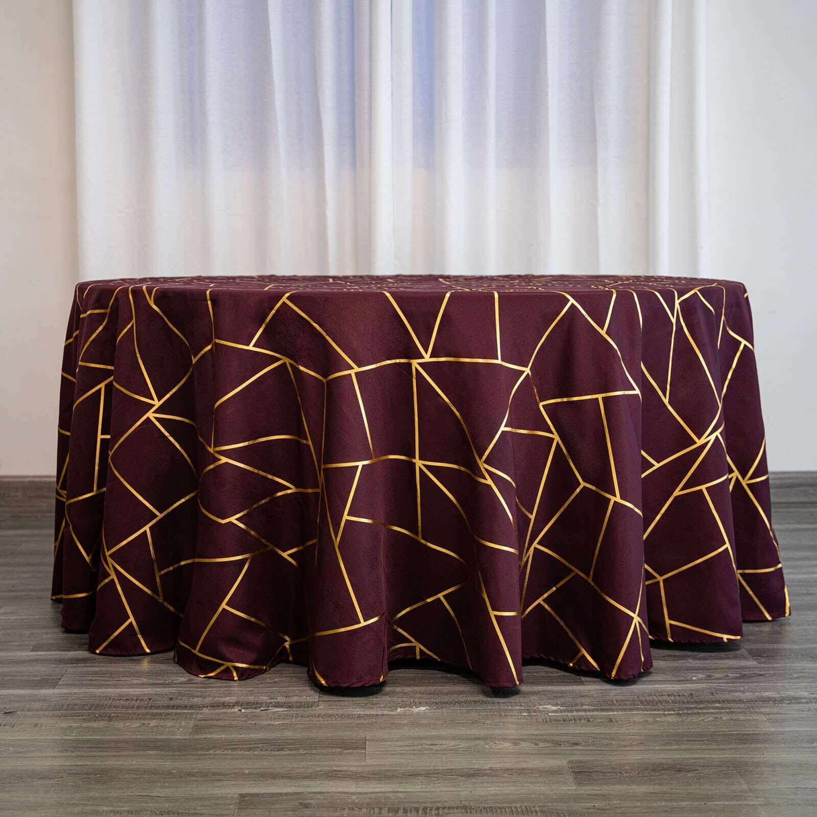 120" Burgundy Seamless Round Polyester Tablecloth With Gold Foil Geometric Pattern for 5 Foot Table With Floor-Length Drop