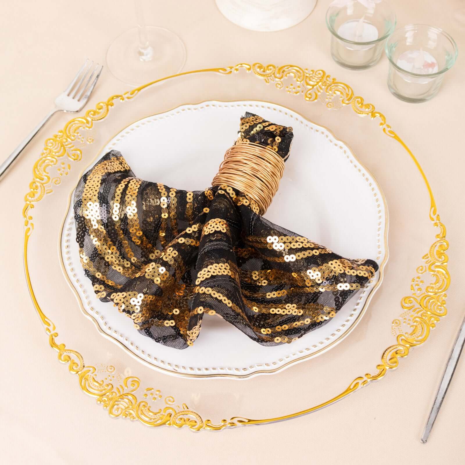 Sequin Mesh 20"x20" Napkin Black Gold - Wave Embroidered Reusable Napkin