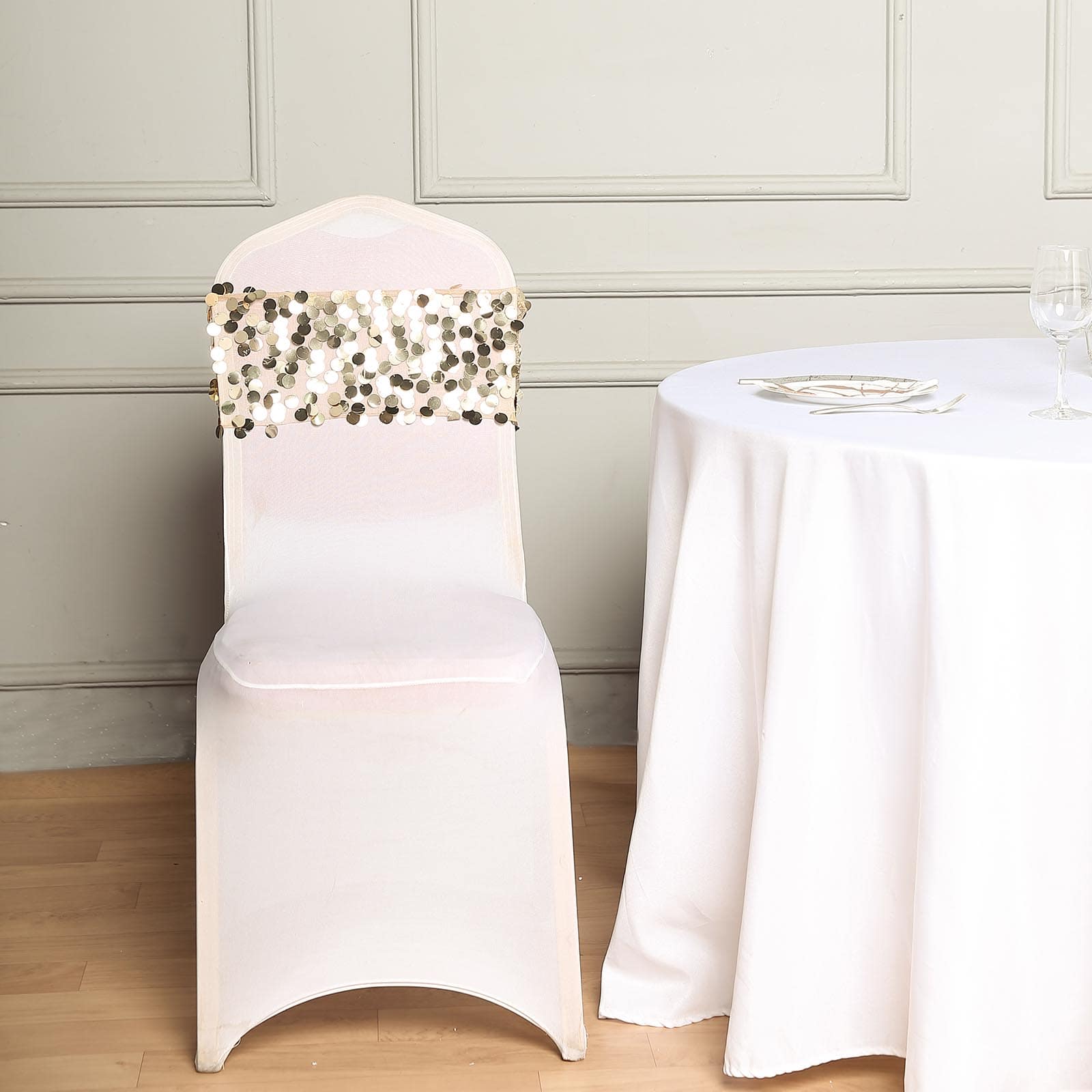 5 Pack Big Payette Sequin 13"x10" Chair Sash Bands Champagne - Stylish Glittering Decor for Weddings & Gatherings