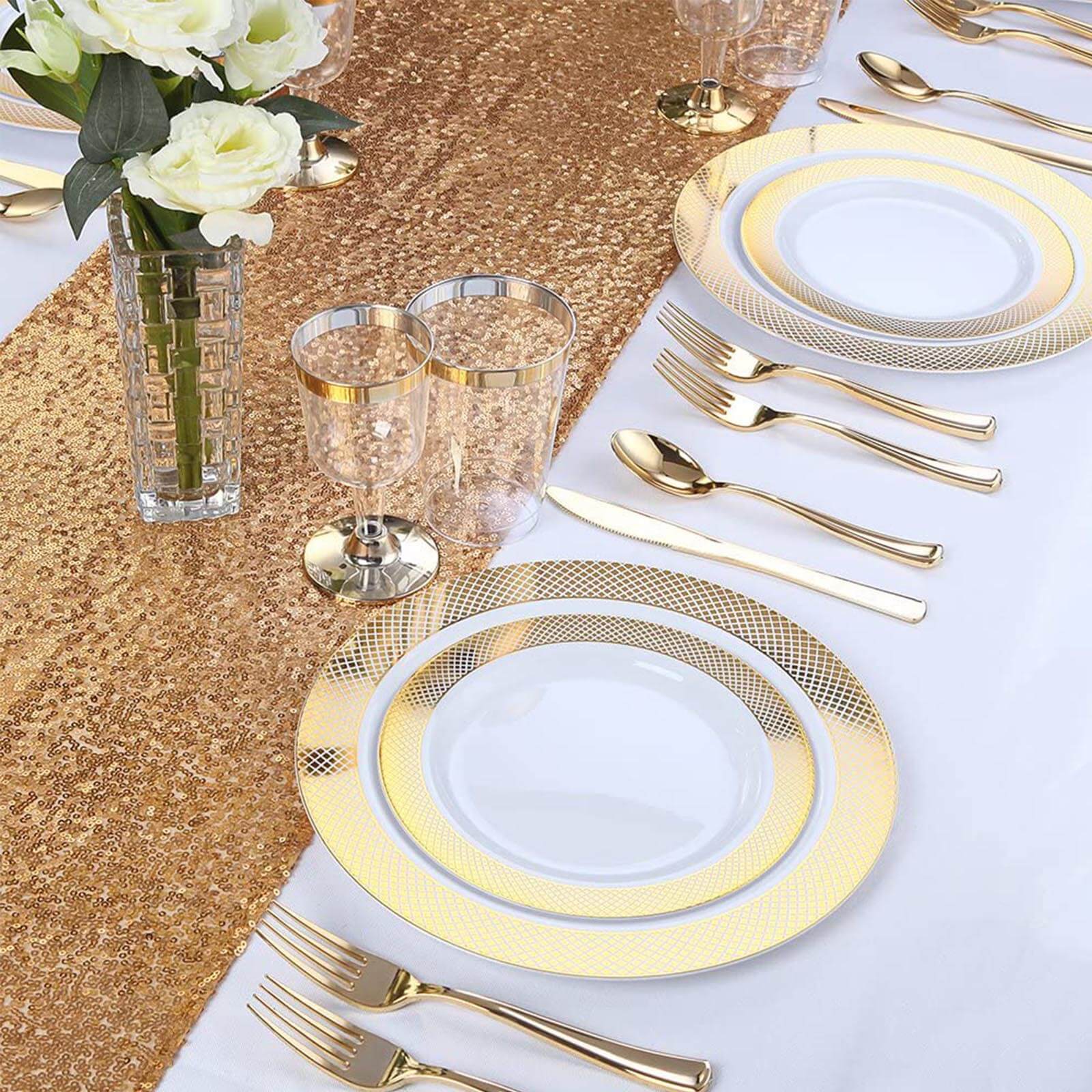25-Pack Plastic Utensil Set Metallic Gold Classic Heavy Duty - Decorative Disposable Tableware 7", 8"