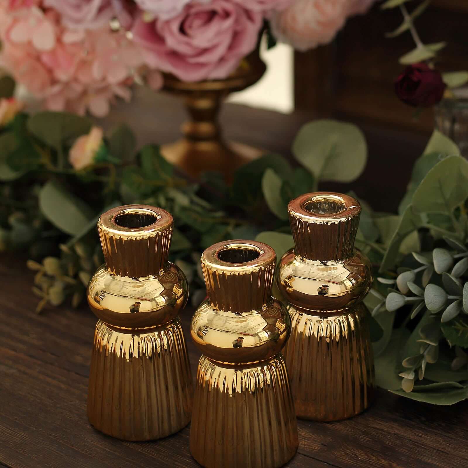 3-Pack Ceramic Taper Candle Holders Fluted Ball Neck Design Metallic Gold - Ribbed Candlestick Stands 5"