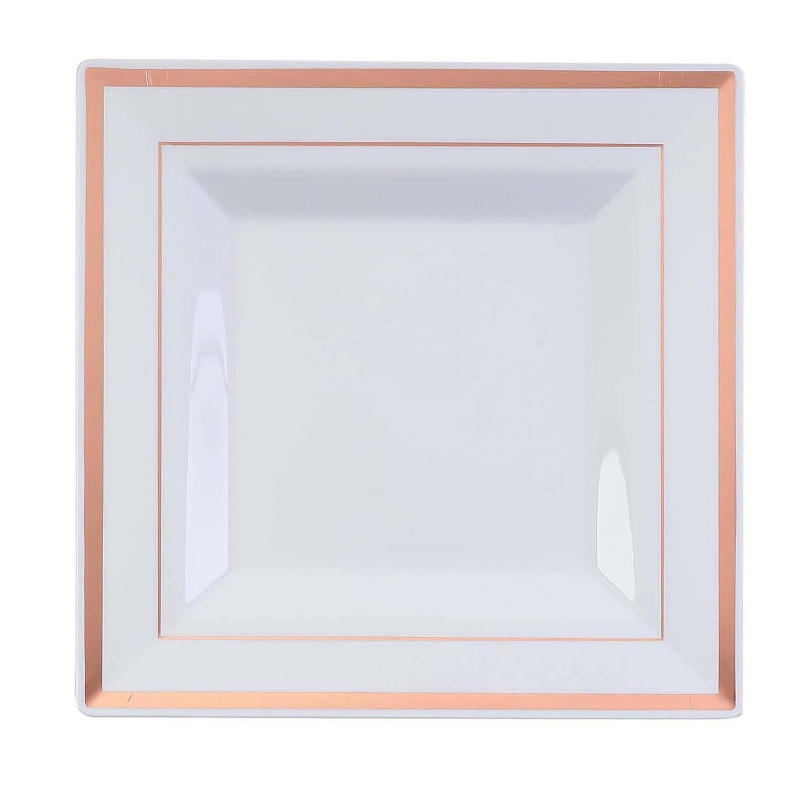 10-Pack Plastic Salad Dessert Plates White Square with Rose Gold Trim - Durable Disposable Appetizer Plates 7"