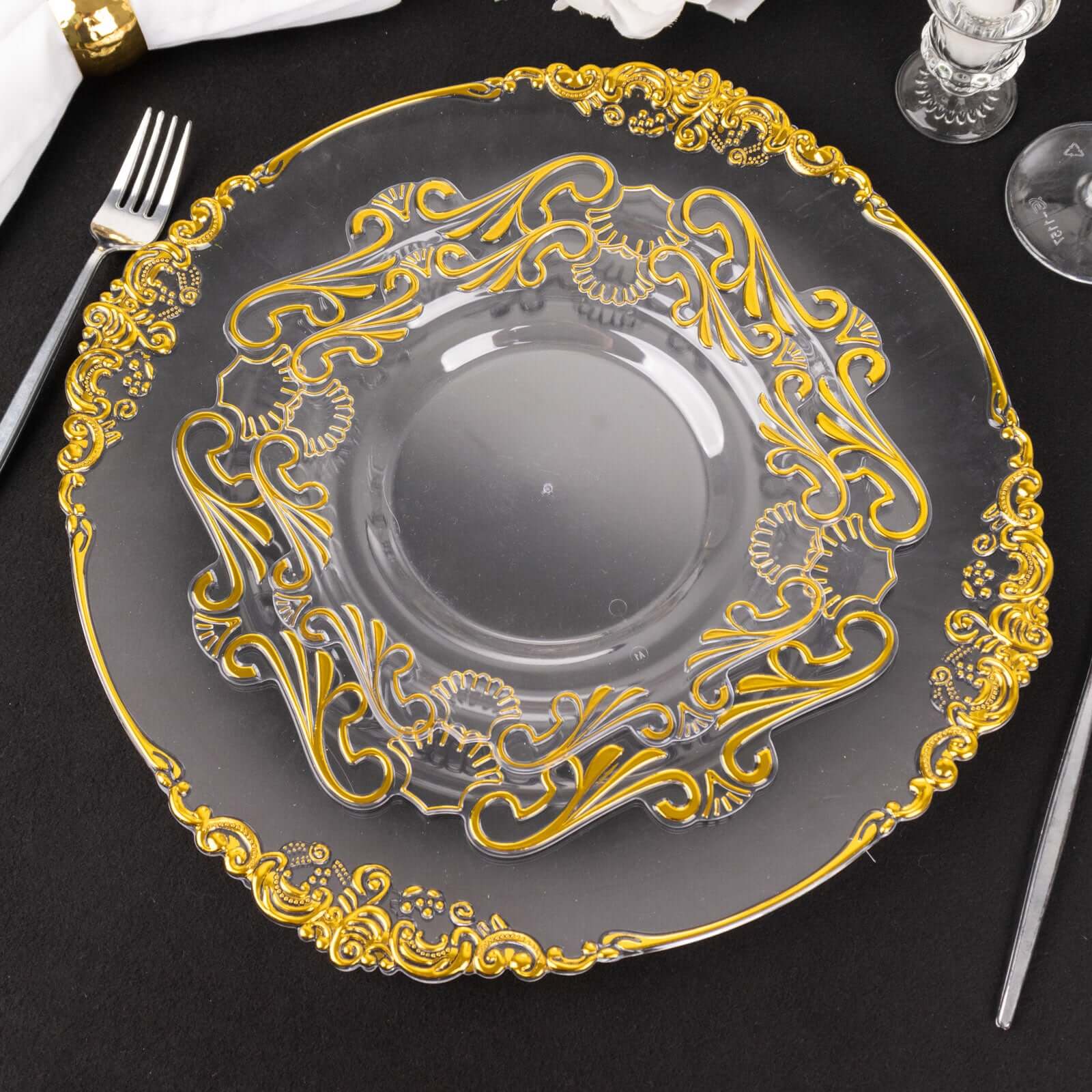 10-Pack Plastic 8" Round Dessert Plates in Clear with Gold Vintage Baroque Scalloped Rim - European Style Disposable Salad Appetizer Plates