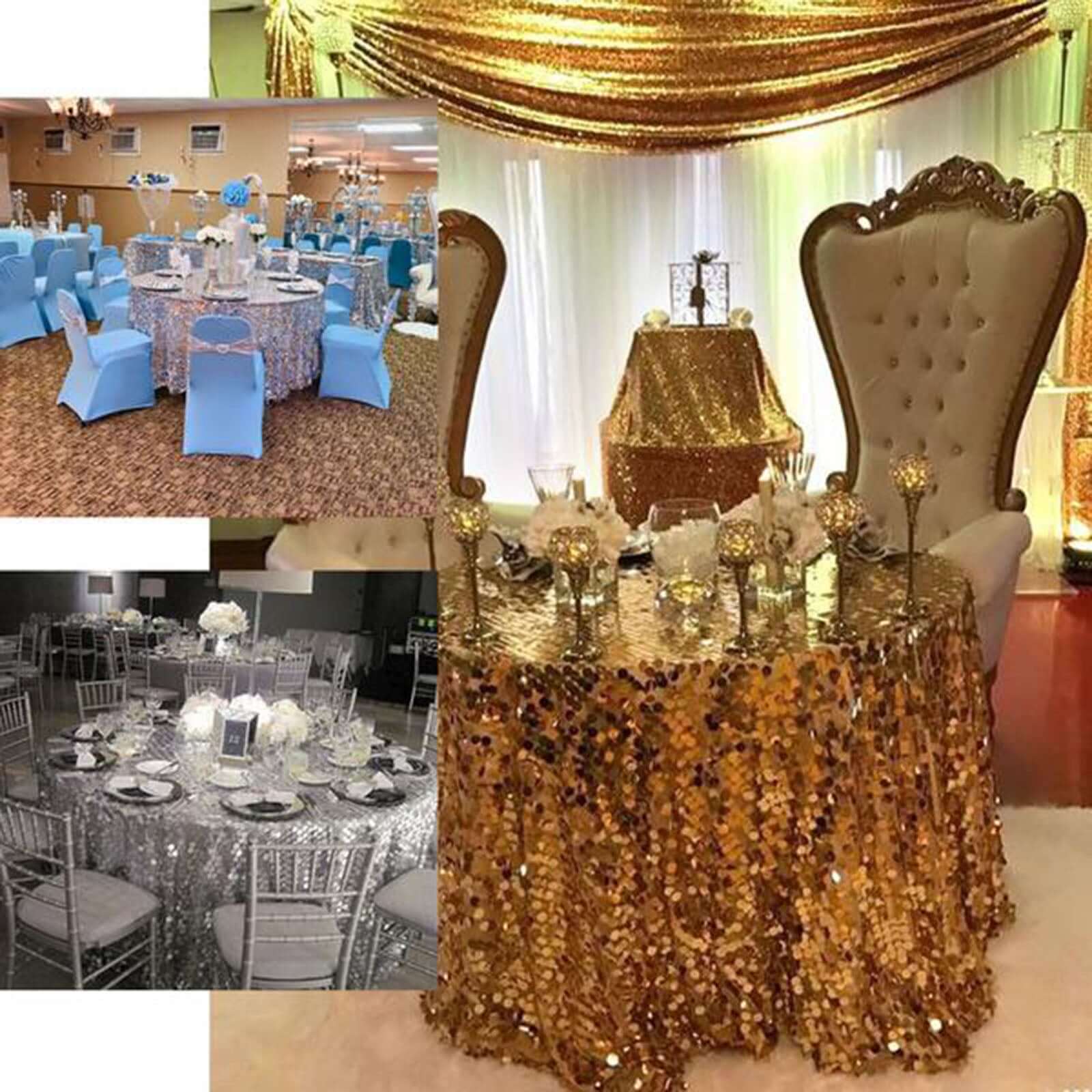 120" Iridescent Seamless Big Payette Sequin Round Tablecloth Collection for 5 Foot Table With Floor-Length Drop