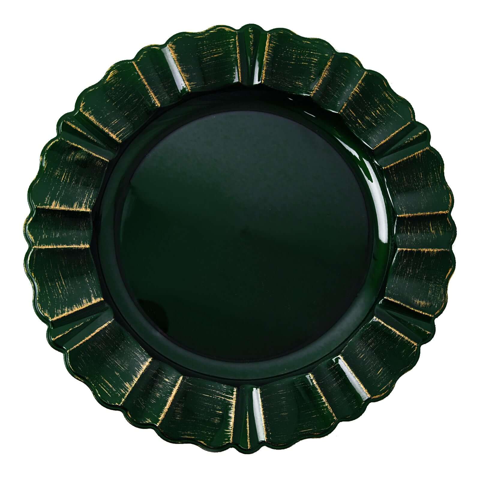 6-Pack Acrylic Plastic Round Charger Plates 13" in Hunter Emerald Green with Gold Brushed Wavy Scalloped Rim, Decorative Dinner Party Charger Tableware