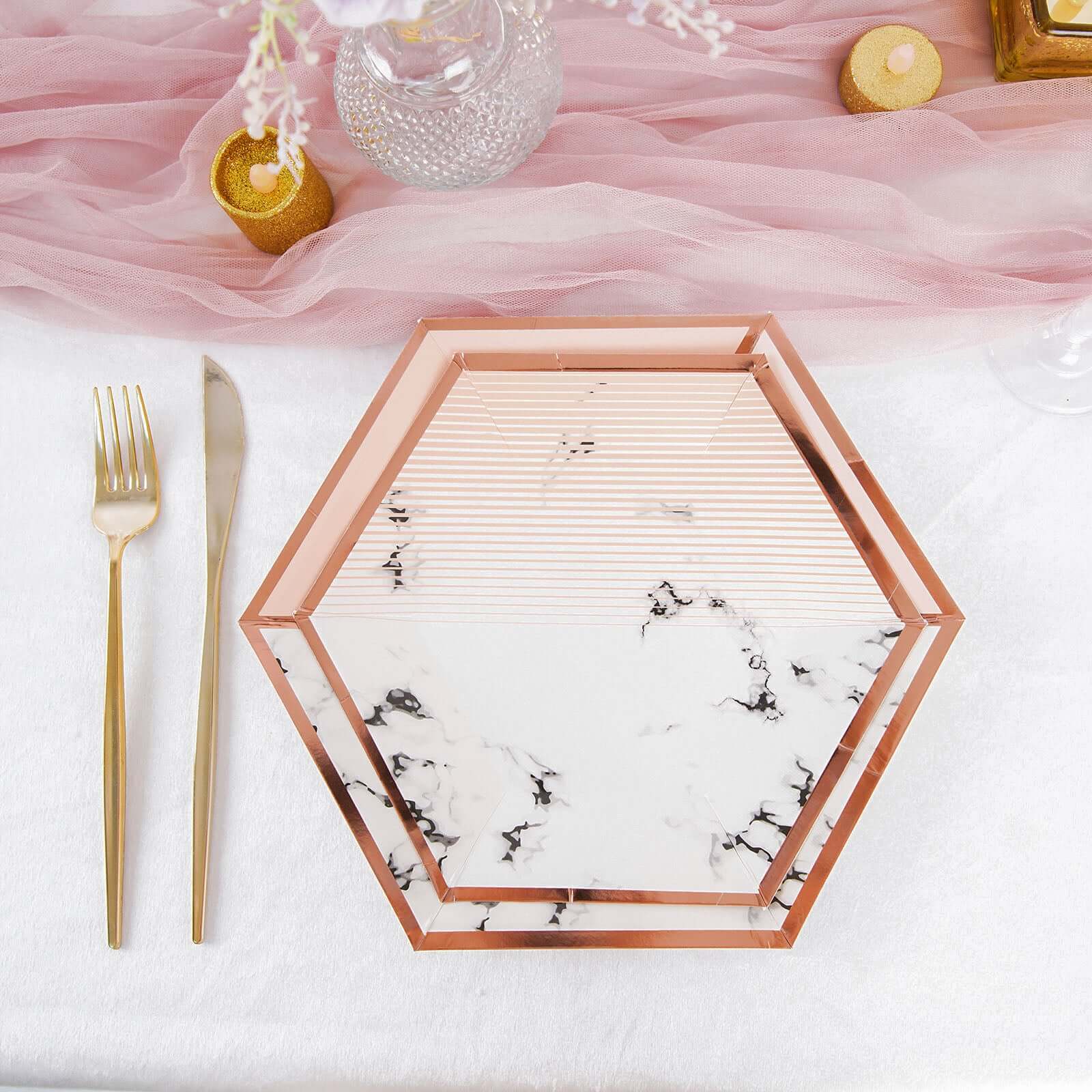 50-Pack Paper Hexagon Dinner and Dessert Plates in Blush with Marble Design & Rose Gold Foil Rim - Chic Disposable Geometric Party Plates Set for 25 Guests 8", 10"