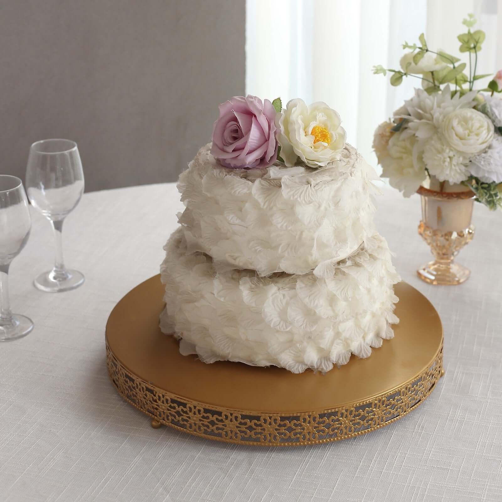 Metal 16" Round Pedestal Cake Stand Gold - Cupcake Dessert Display Centerpiece Stand with Intricate Fleur De Lis Design for Buffet Table Sweets Station