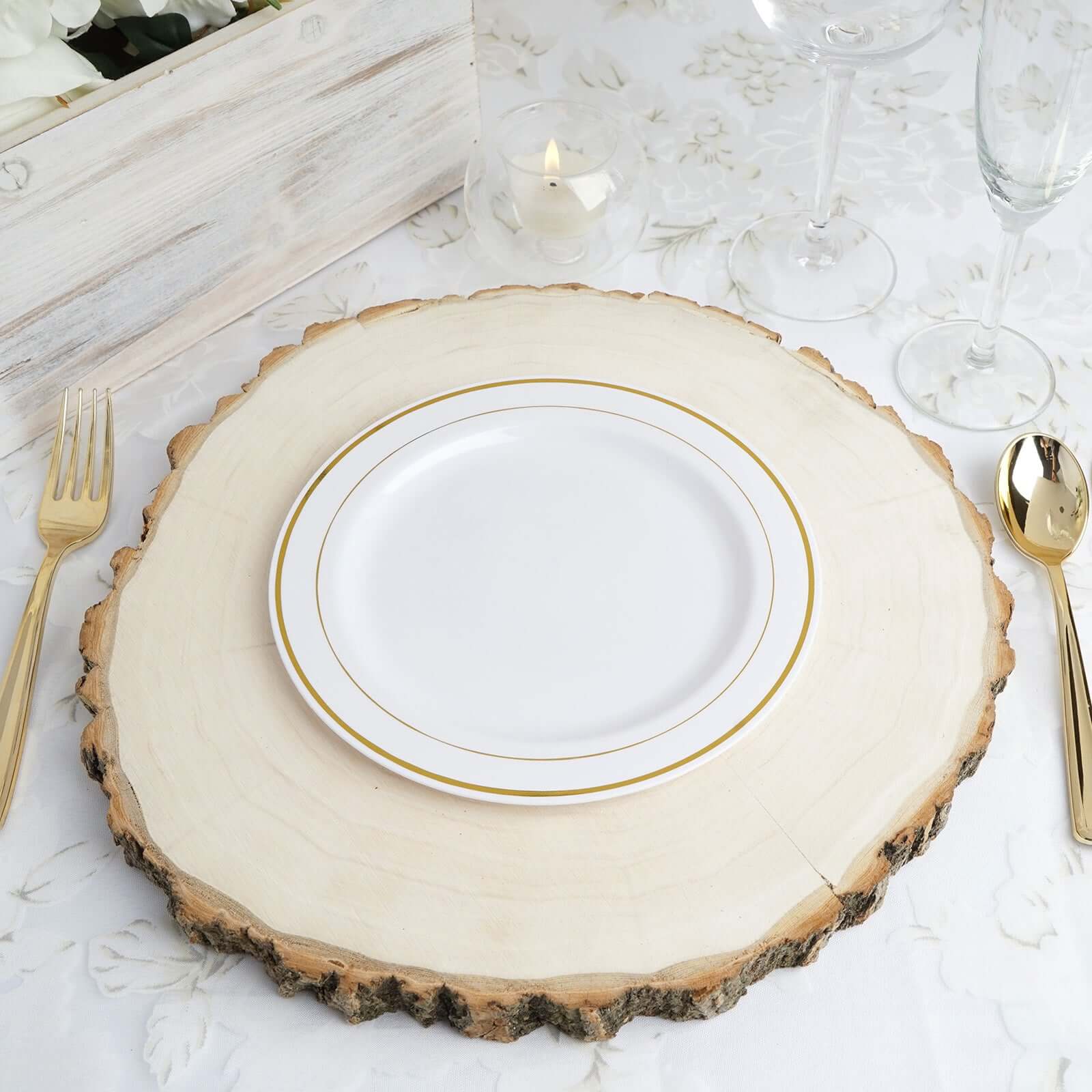 10-Pack Plastic Dessert Plates White with Très Chic Gold Rim - Disposable Plates for Parties 8"