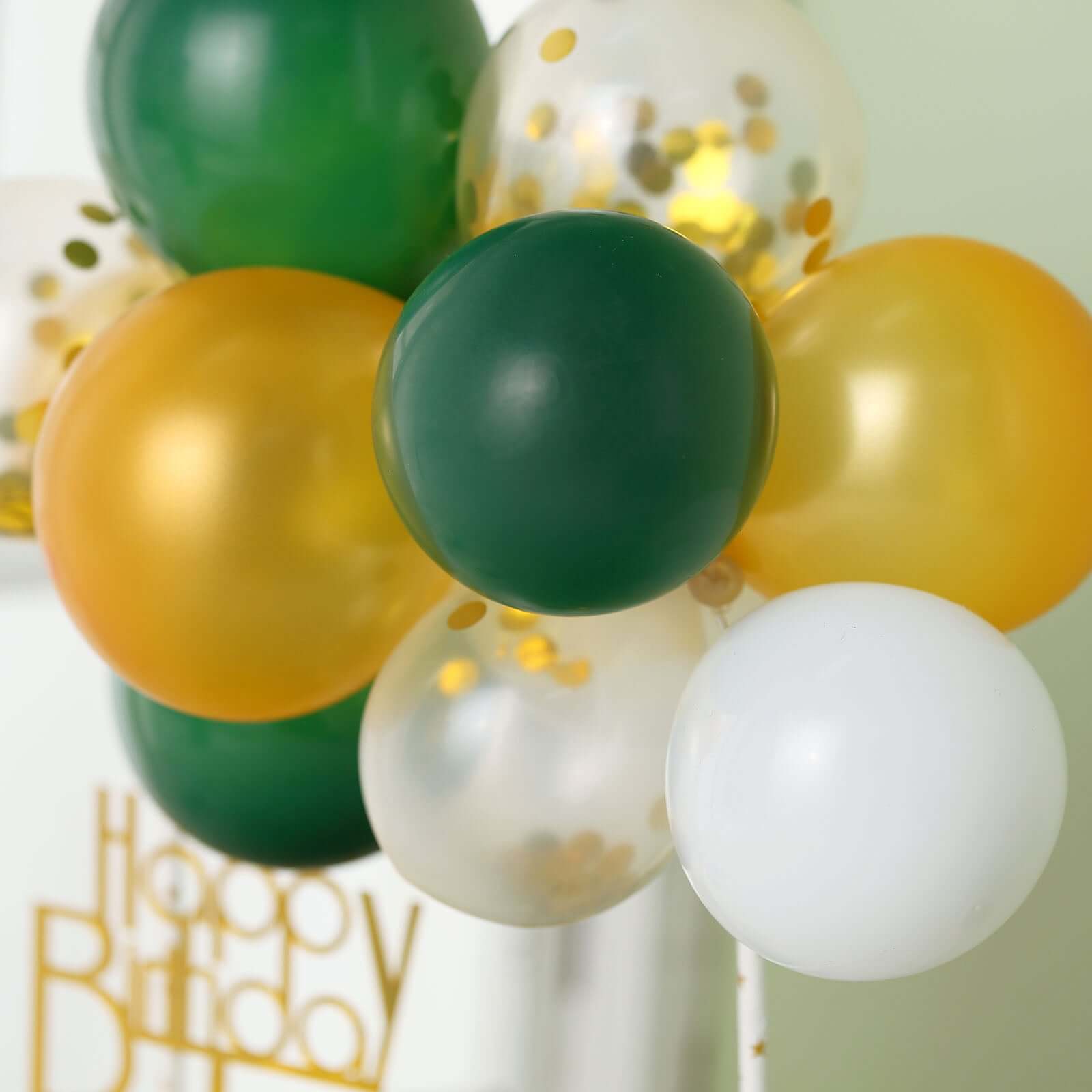 11 Pcs Balloon Cake Topper Clear, Gold, Hunter Green and White - Whimsical Clustered Mini Garland Cake Inserts DIY Party Decorations