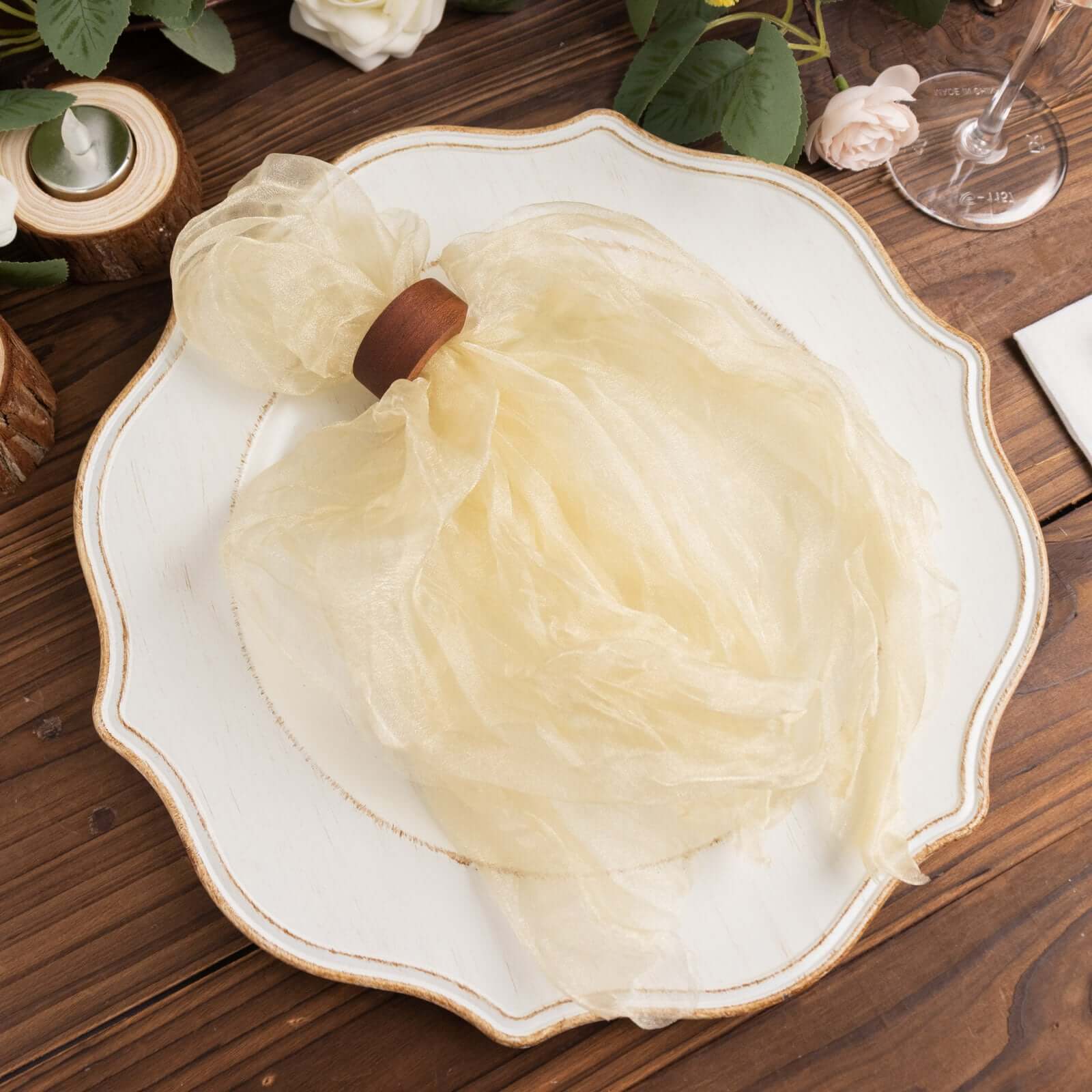5 Pack Crinkled Organza 21"x21" Napkins Champagne - Rustic Style Dinner & Party Napkins