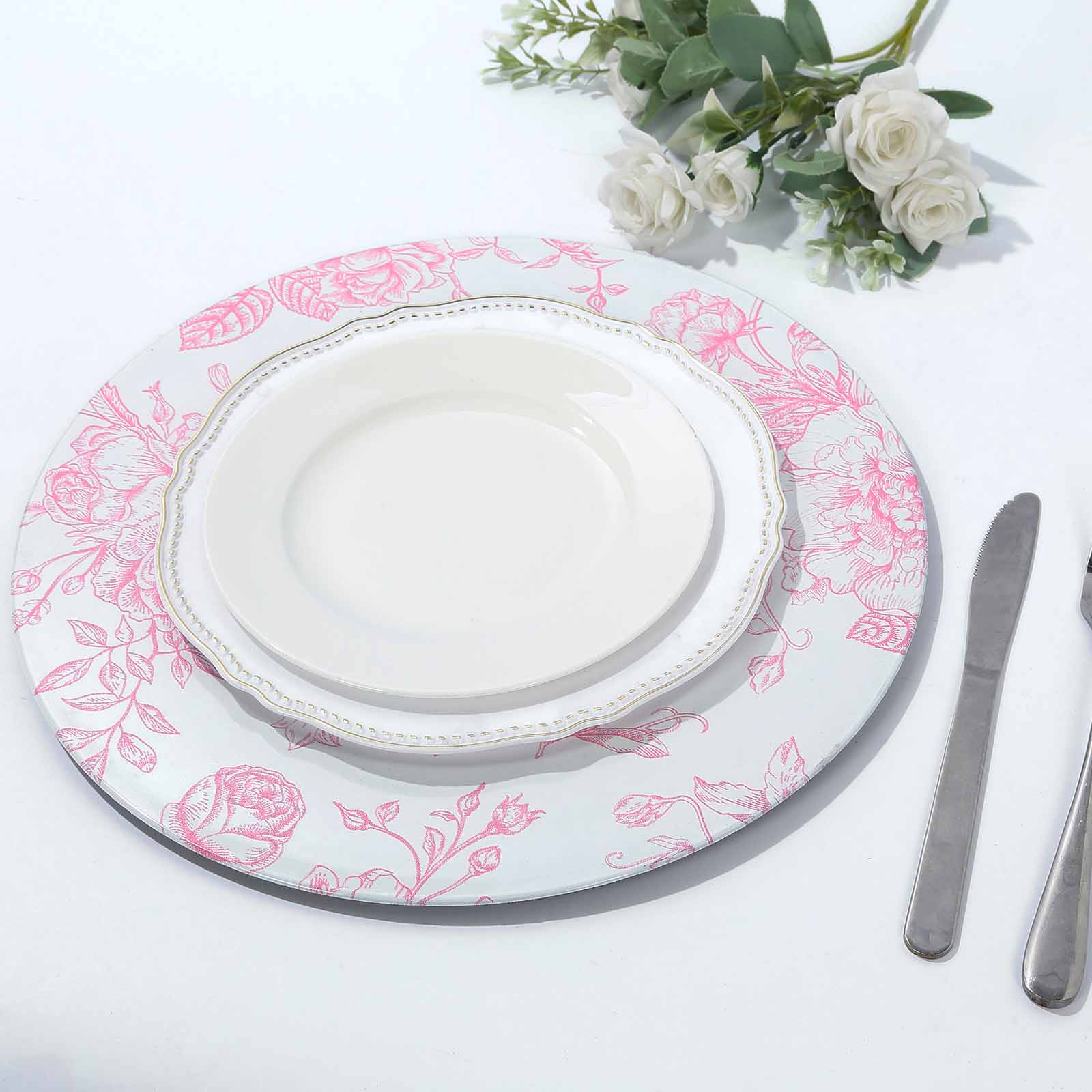 6-Pack Acrylic Round Charger Plates 13" in White with Pink Floral French Toile Pattern, Decorative Dinner Party Charger Tableware
