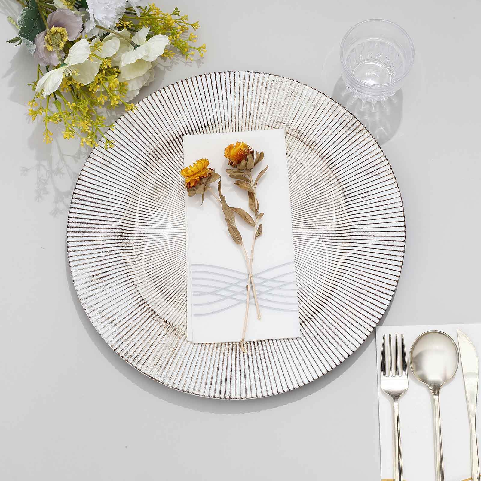 6-Pack Faux Wood Round Charger Plates 13" White Washed with Embossed Sunray Pattern, Chic Plastic Decorative Chargers