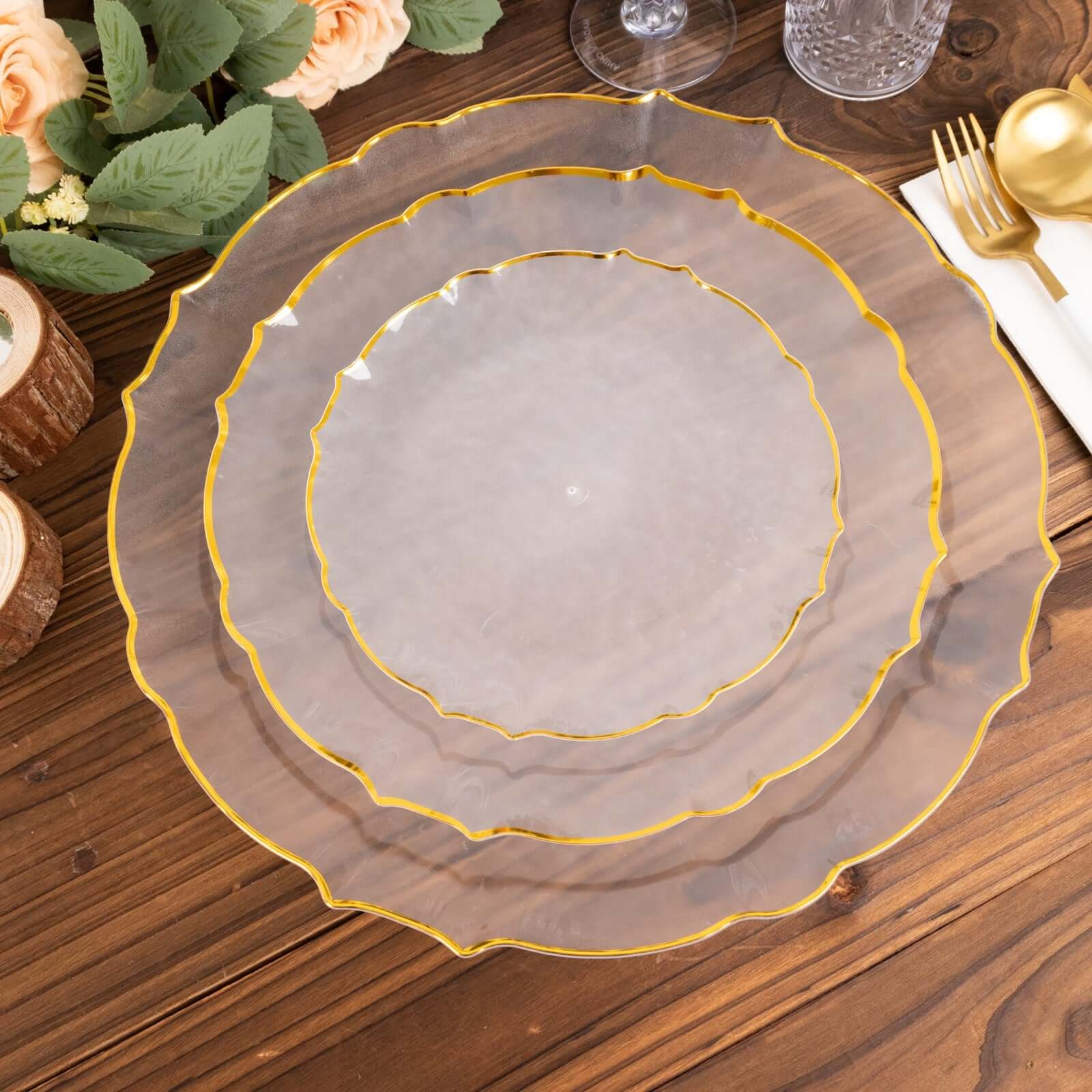18 Pack Economy Plastic Round Charger Plates 13" in Clear Sunflower Design with Gold Scalloped Rim - Table Setting Plates