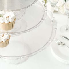 Set of 3 Plastic Round Pedestal Cake Stands Clear - Stackable Cupcake Display Holders with Scalloped Edges for Tea Parties Dessert Buffets & Banquets 9", 11", 15"
