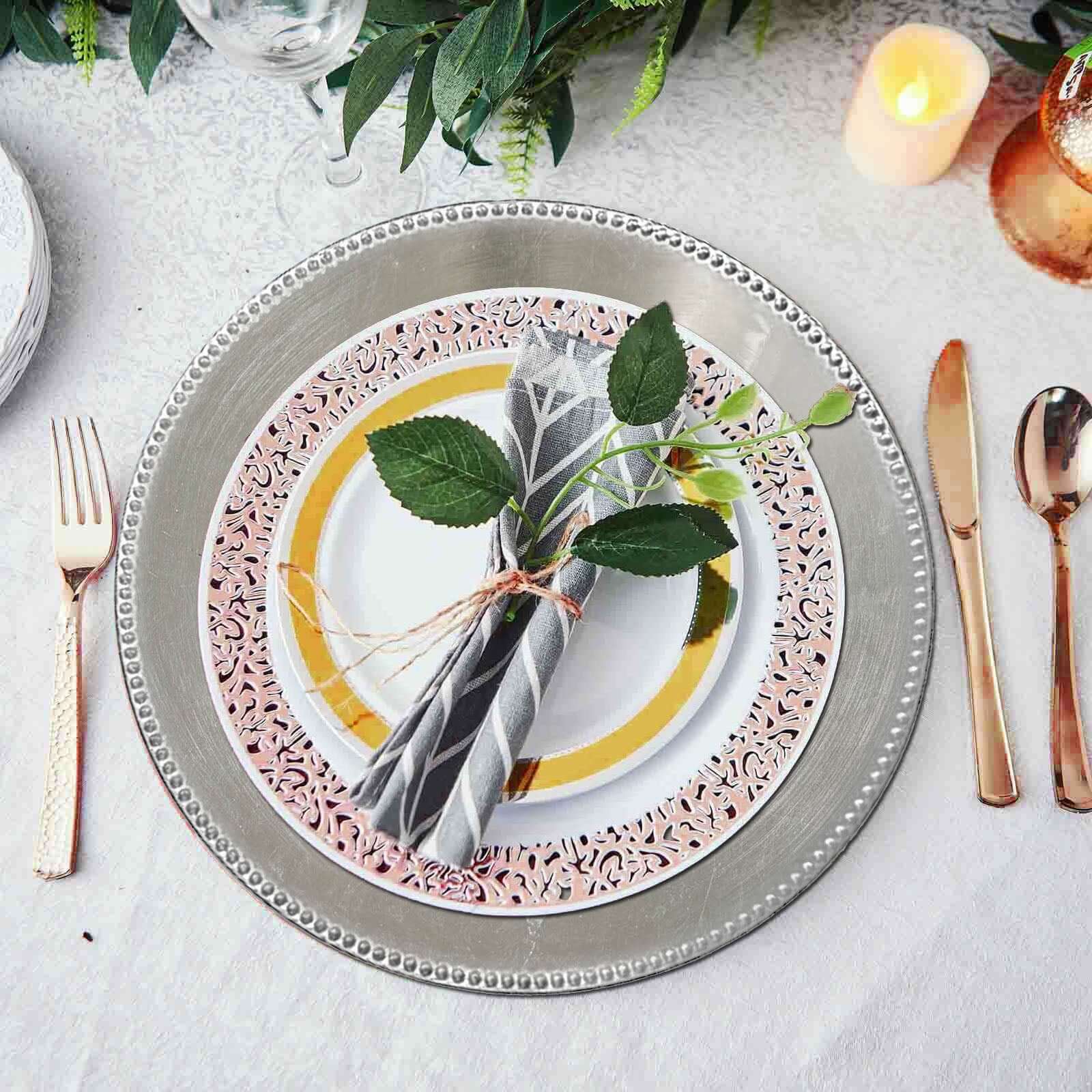 6-Pack Acrylic Round Charger Plates 13" in Silver with Beaded Rim, Dinner Charger Event Tabletop Decor