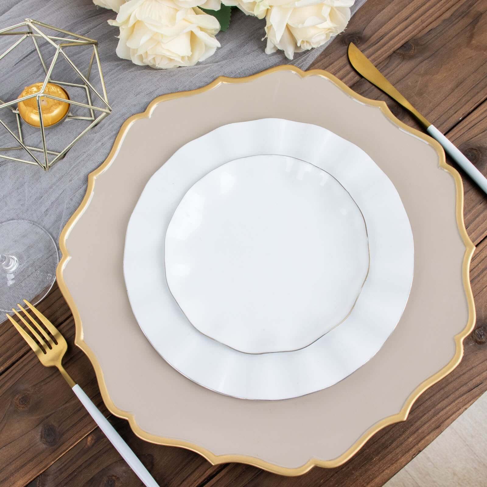 6-Pack Acrylic Round Charger Plates 13" in Taupe with Gold Scalloped Rim, Decorative Dinner Party Plastic Charger Tableware