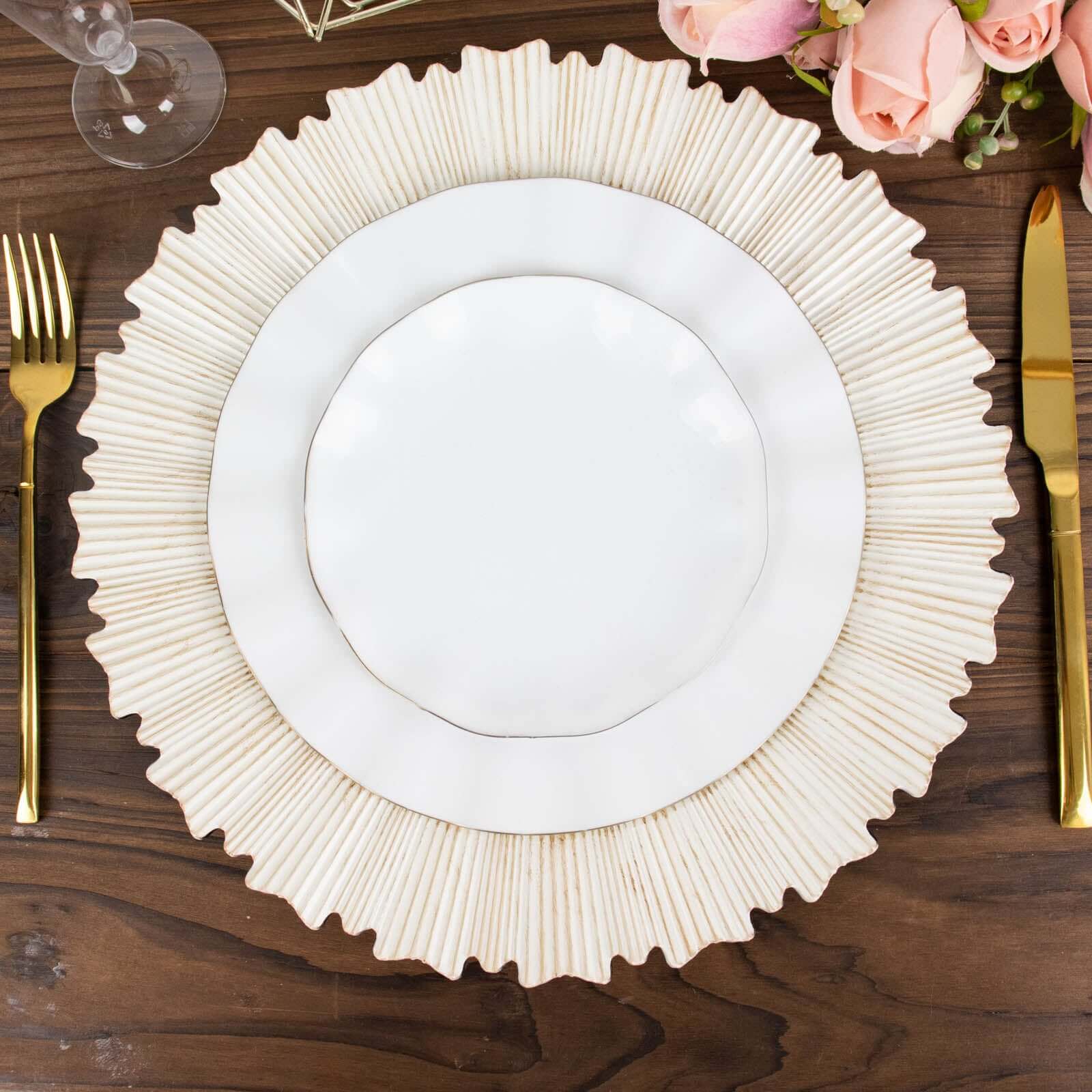6-Pack Acrylic Plastic Round Charger Plates 13" in Washwhite with Sunray Scalloped Rim, Decorative Dinner Party Charger Tableware