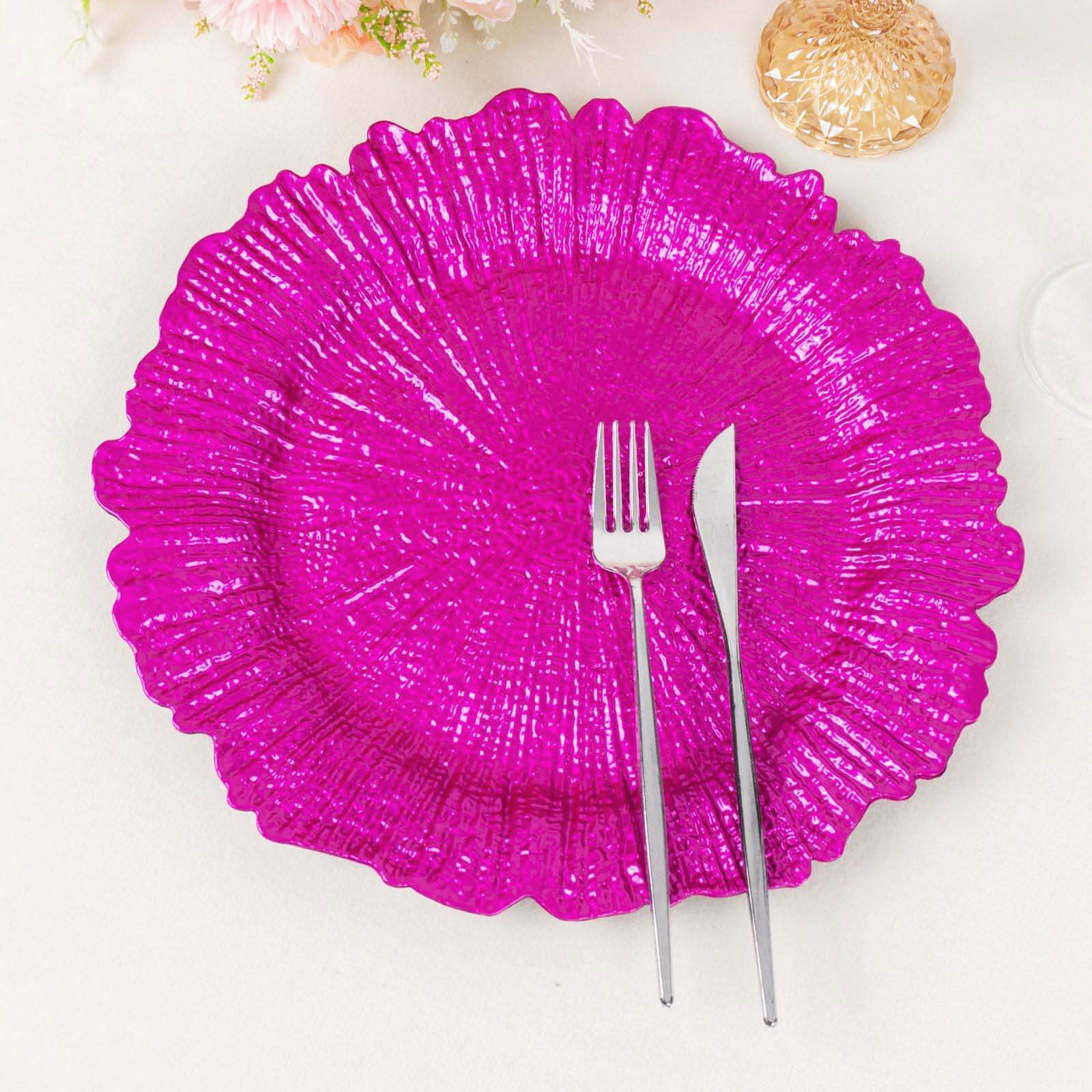 6-Pack Acrylic Plastic Round Charger Plates 13" in Fuchsia with Reef Design, Dinner Charger Tableware