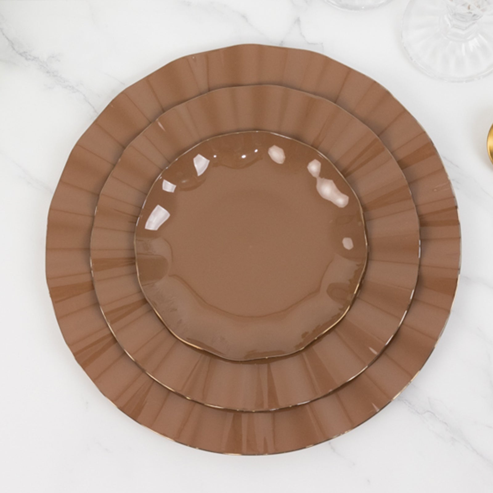 10-Pack Plastic Round 6" Dessert Plates in Coffee Brown Ruffled Rim with Gold Edging - Sturdy Disposable Salad Appetizer Dinnerware